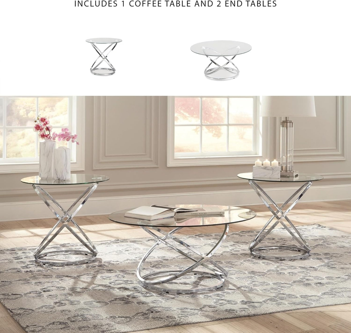 Signature Design by Ashley Hollynyx Contemporary Round 3-Piece Occasional Table Set, Includes Coffee Table and 2 End Tables, Chrome