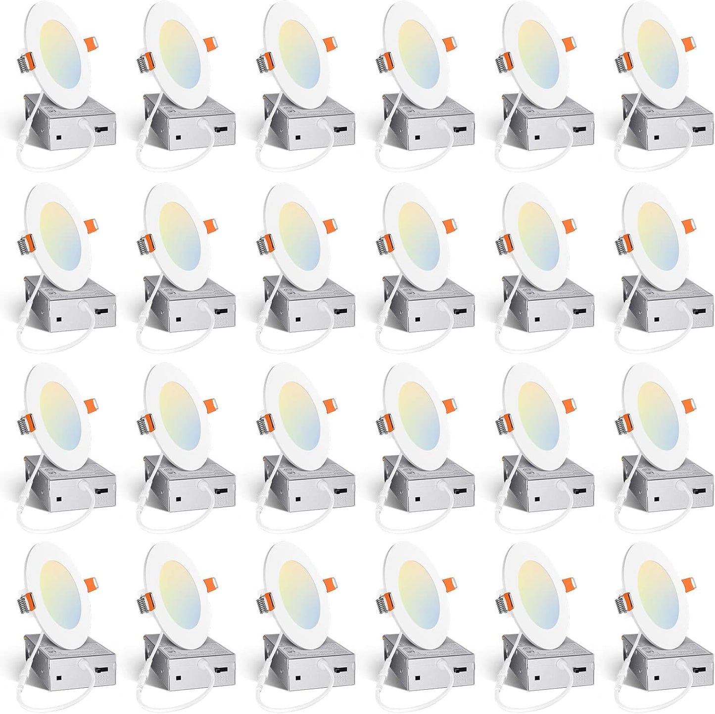 Amico 24 Pack 4 Inch 5CCT Ultra-Thin LED Recessed Ceiling Light with Junction Box, 2700K/3000K/3500K/4000K/5000K Selectable, 10W Eqv 60W, Dimmable Can Light, 800LM High Brightness Downlight - ETL&FCC
