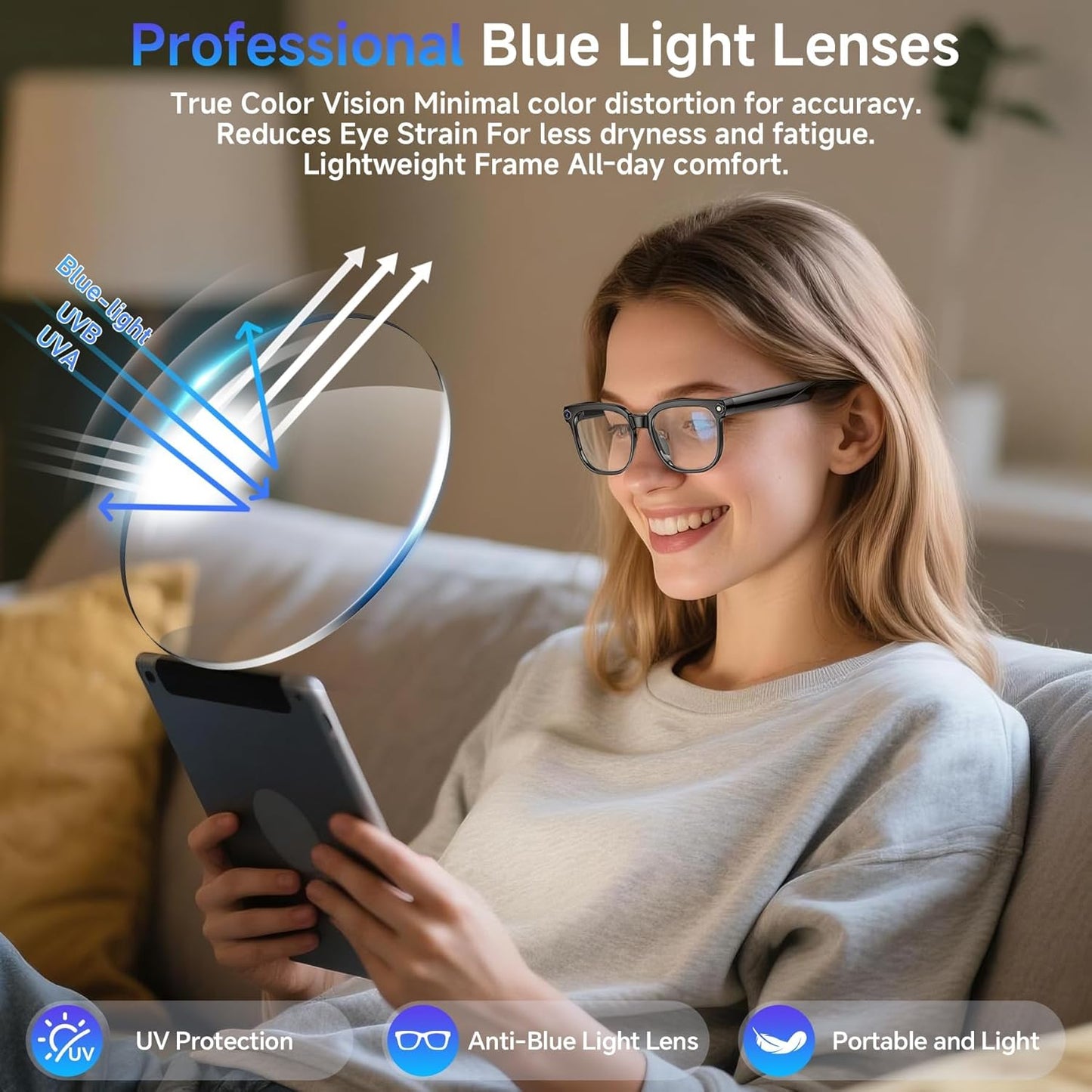 AI Smart Glasses with Camera Bluetooth, 800W HD Anti-Shake 1080P Video Audio Recording Glasses, Real-Time AI Translation GPT Assistant, Blue Light, Smart Glasses for Men Women Vlogging & Conference