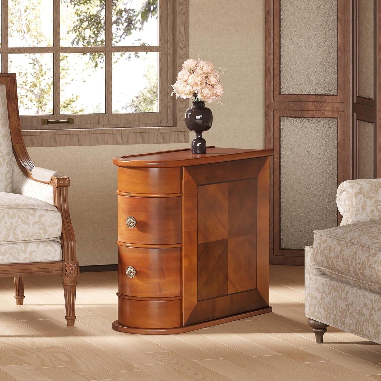 LITTLE TREE End Table Set of 2, No Assembly Required Wood End Table with 2 Drawers, Sofa Side Table for Living Room, Vintage Slim Nightstand Bedside Table for Bedroom