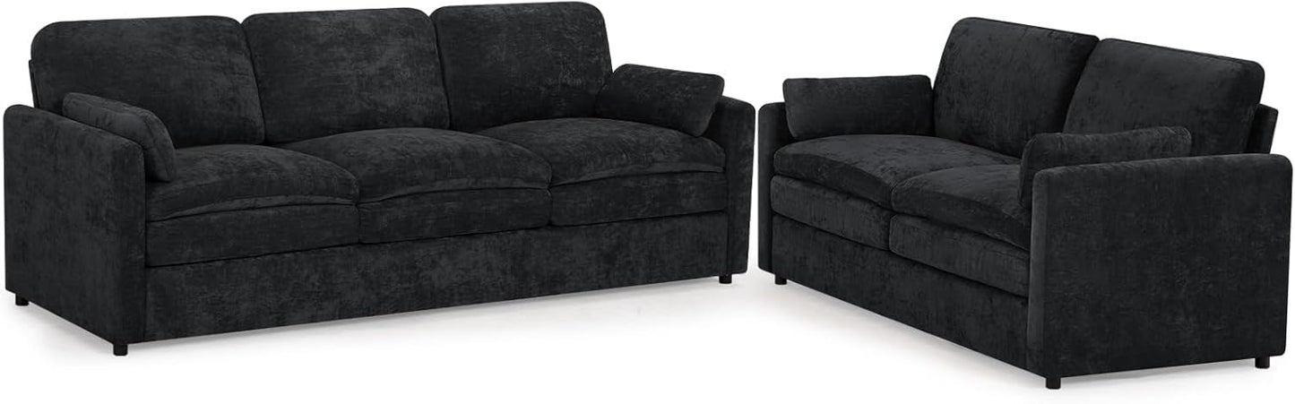 2 Pieces Chenille Sofa Set w/Two Throw Pillows, Upholstered Loveseat & 3 Seater Sofa w/Comfortable Back Cushions, Modern 2-Seat & 3-Seat w/High-Density Foam for Living Room, Apartment, Black