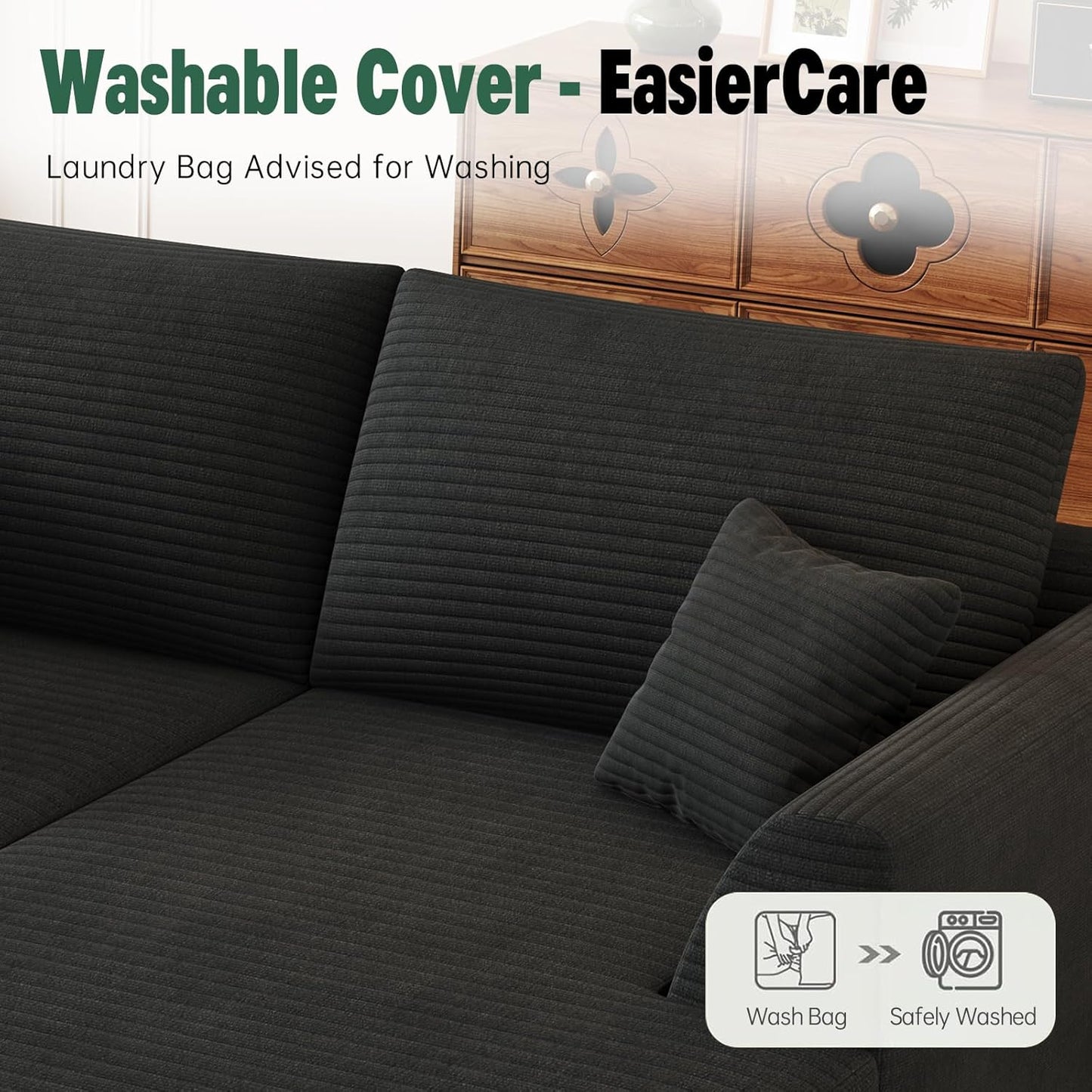 106" Modular Sectional Sofa with Reversible Chaise, Black Corduroy L-Shaped Cloud Couch for Living Room Apartment, 3-Piece Set, No Assembly Required, High-Density Supportive Foam