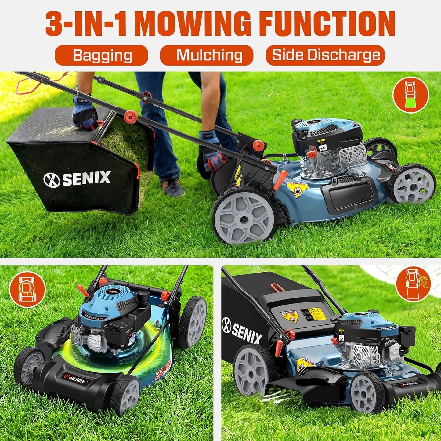 SENIX 22" Self-Propelled Gas Lawn Mower (170cc) +17-Inch 26.5 cc Gas Weed Wacker + 26.5cc Gas Leaf Blower Yard Tool Kit