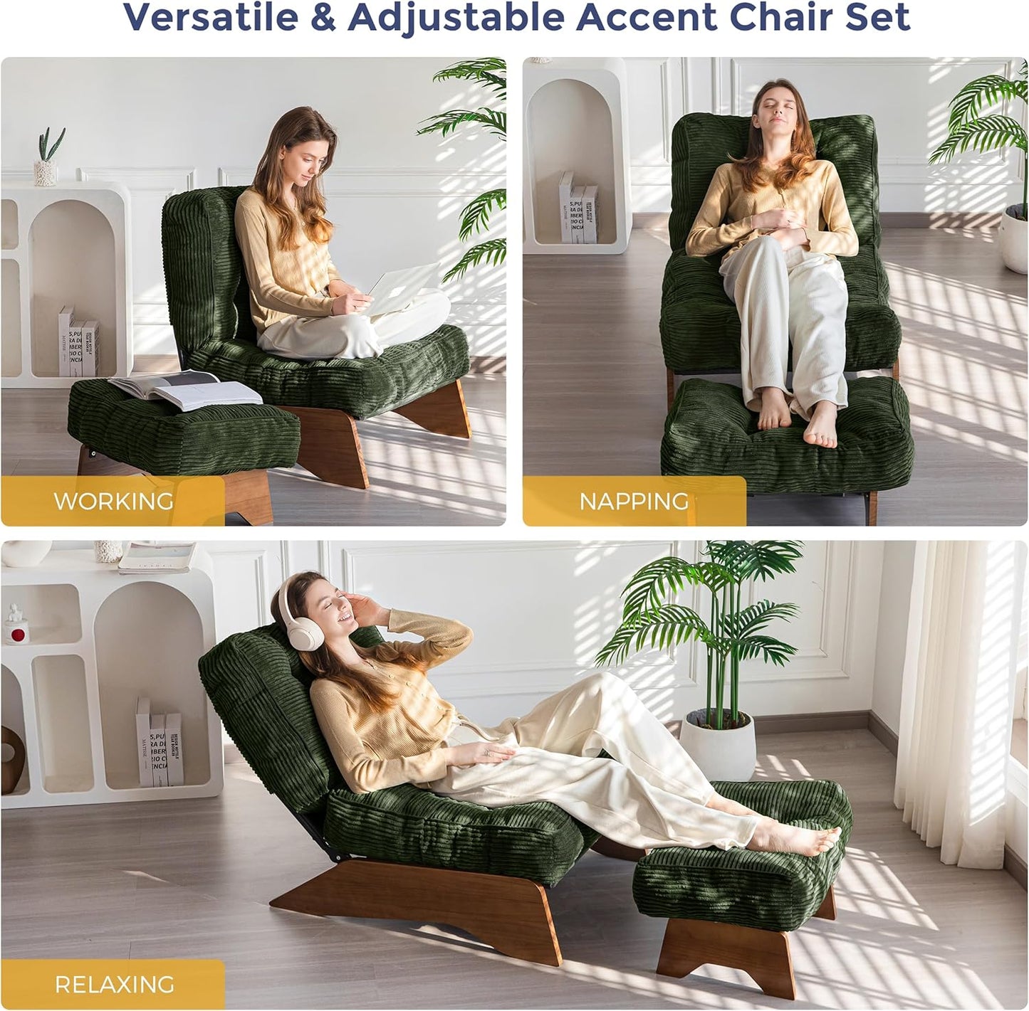 MAXYOYO Accent Chair with Ottoman Adjustable Backrest, Tufted Living Room Chair Upholstered Lounge Chair with Footrest Set, Modern Chair Cozy Reclining Chair for Reading Room, Green