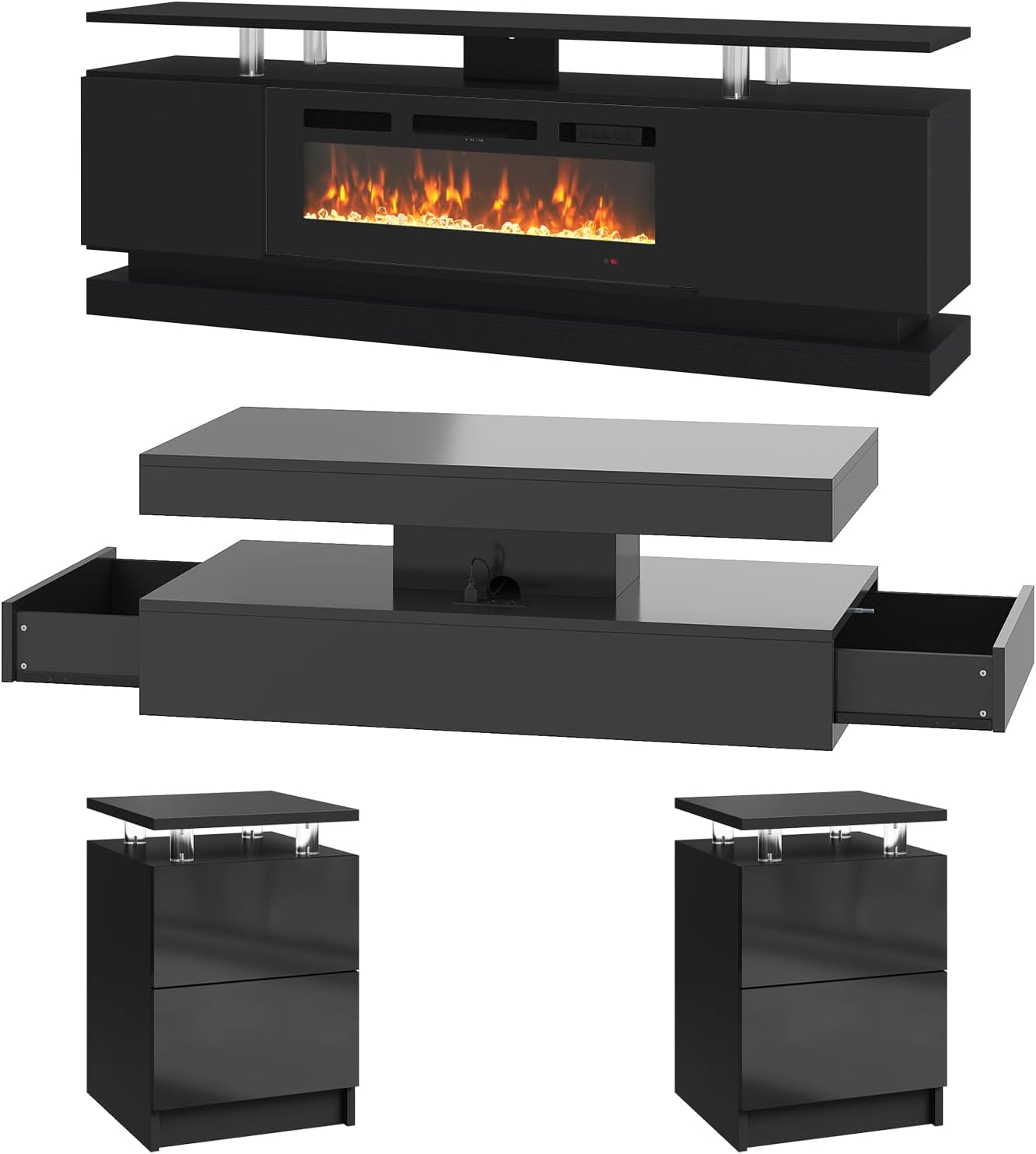4-Piece Modern Living Room Table Set, Includes High Gloss 70" Fireplace TV Stand, 47" LED Coffee Table and 15" End Tables Set of 2 with Storage Drawers, Black