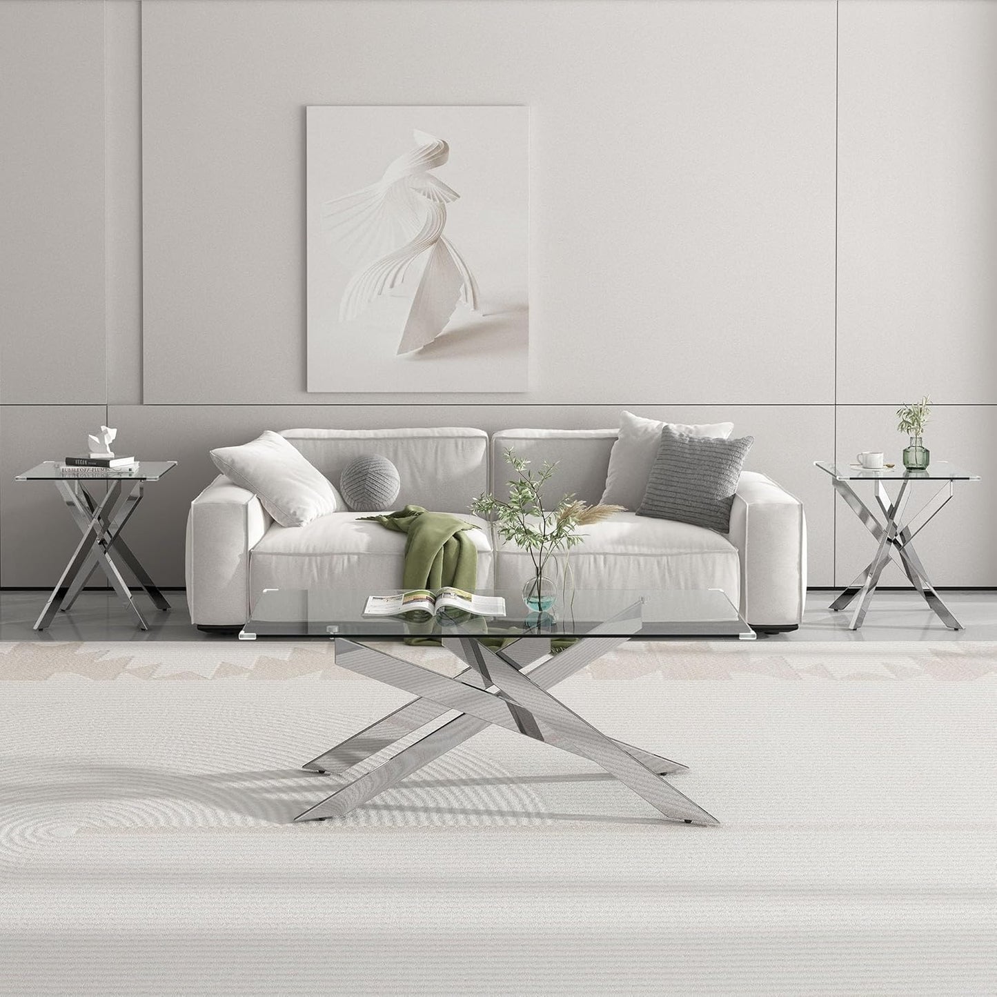 3 Pieces Living Room Table Set, 47" Glass Coffee Table and 2 End Table, Glass Coffee Table Set with Tempered Glass Tabletop and Metal Legs, for Living Room, Leisure, Apartment