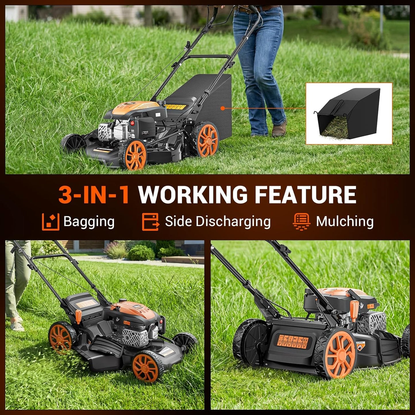 21" Self-Propelled Gas Lawn Mower, 170CC Engine, 3-in-1 with Mulching and Side Discharge, 7 Position Cutting Height Adjustment for Yard and Garden