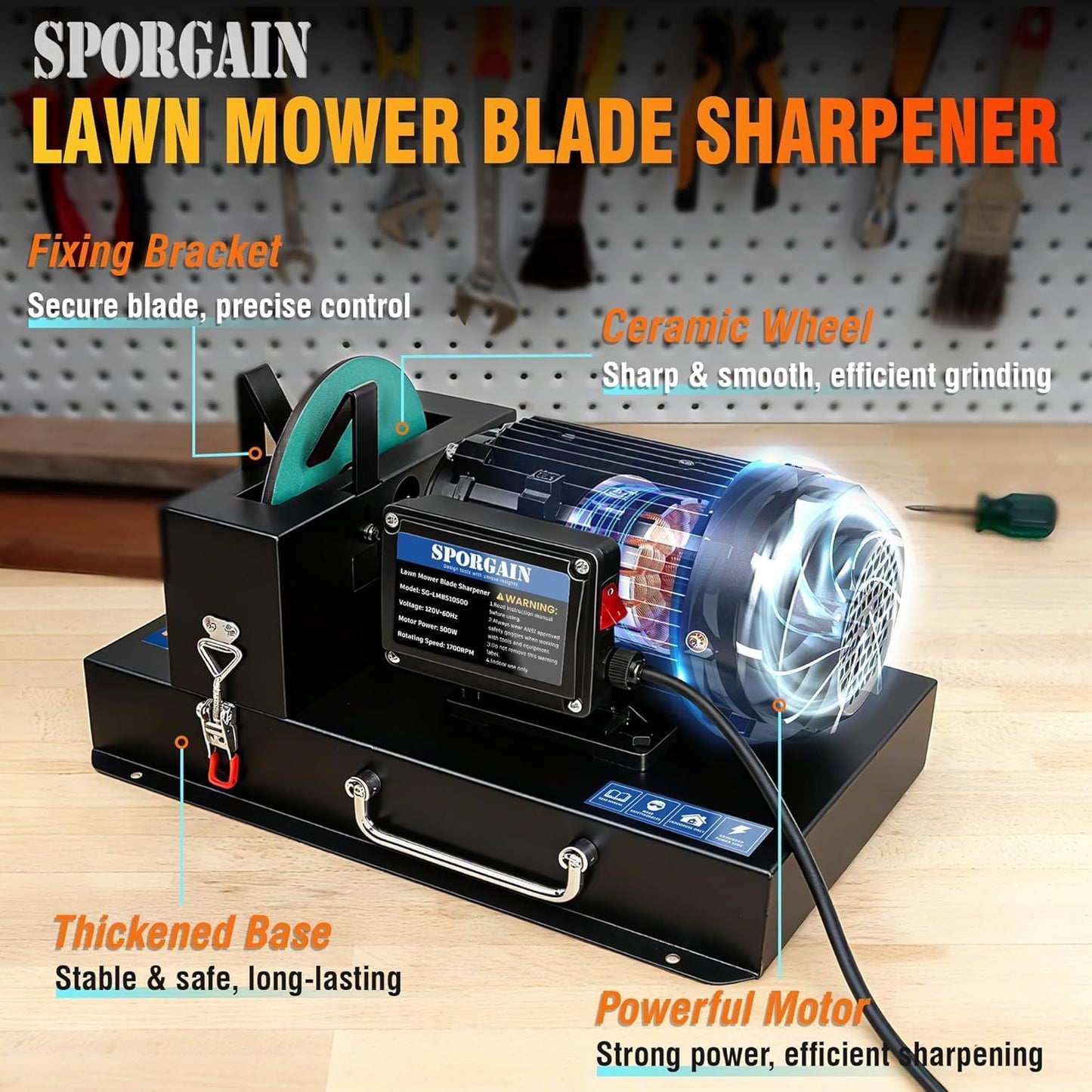 SporGain Lawn Mower Blade Sharpener 2/3 HP, Lawnmower Blade Sharpener with 20 Sandpapers 60/180 Grit, Heavy-Duty Mower Sharpening Machine for High/Low Lift, Gator & Flat Blades