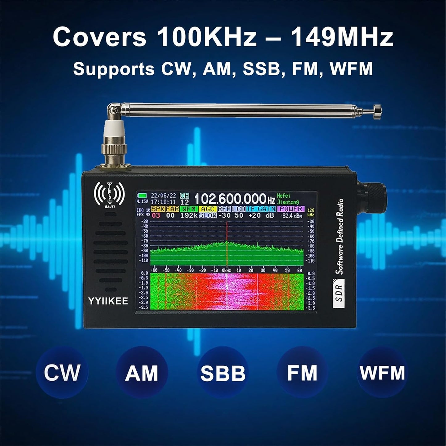 Portable SDR DSP Radio Receiver – 4.3” Touchscreen, 100KHz-149MHz, Full Band Shortwave, FM MW SSB CW HAM, 192kHz Spectrum, Waterfall Display, CNC Aluminum Alloy Case, Rechargeable Battery
