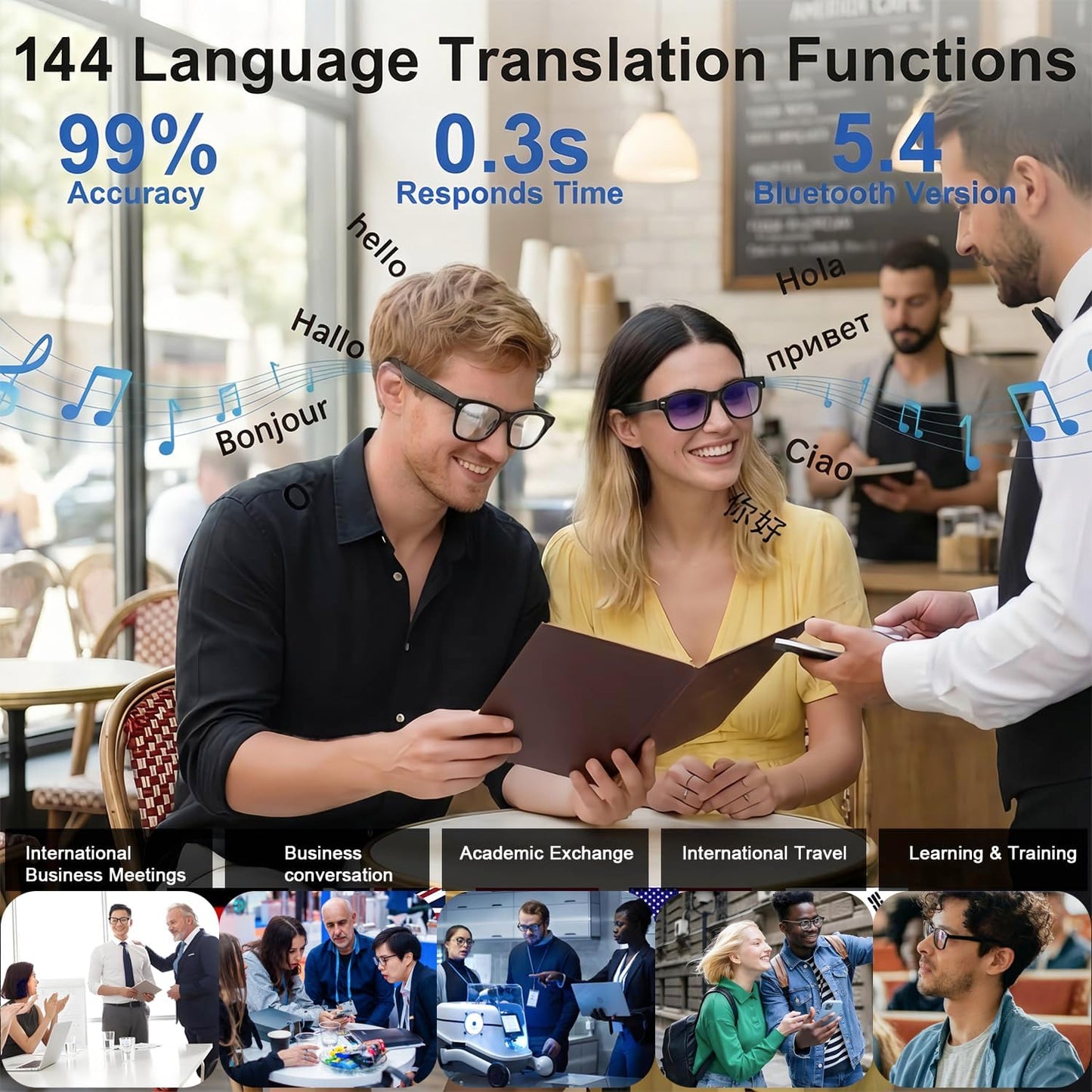AI Smart Glasses with Camera, 8MP HD Bluetooth Camera Glasses, 1080P Video Recording Sunglasses for Women Men, Real Time Translation, Voice Assistant, Open-Ear Audio for Travel, Work Vlog (3 lenses)