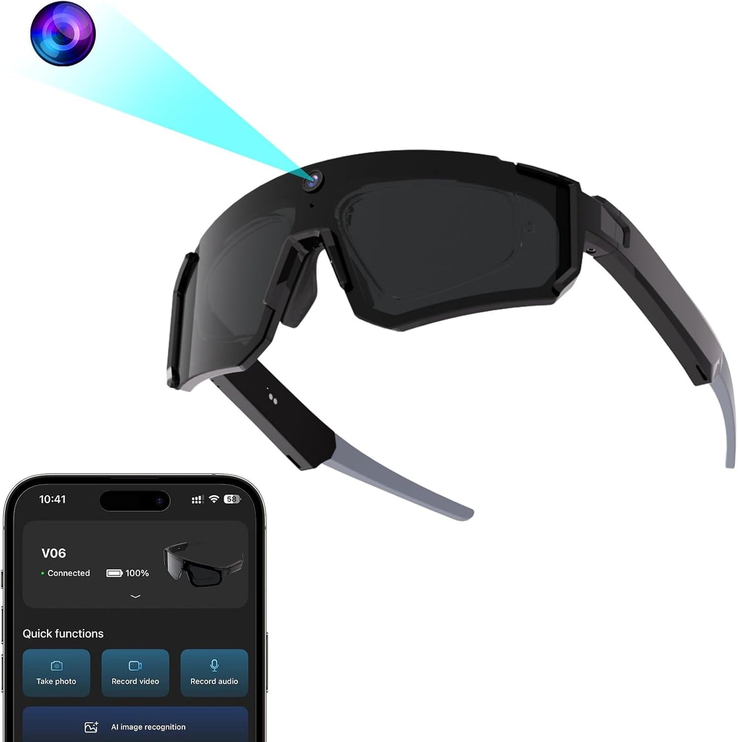 AI Smart Glasses with 32MP Camera, Video Recording Glasses with Voice Control, Built-in Microphone, AI Voice Assistant, UV Protection, for Cycling & Hiking
