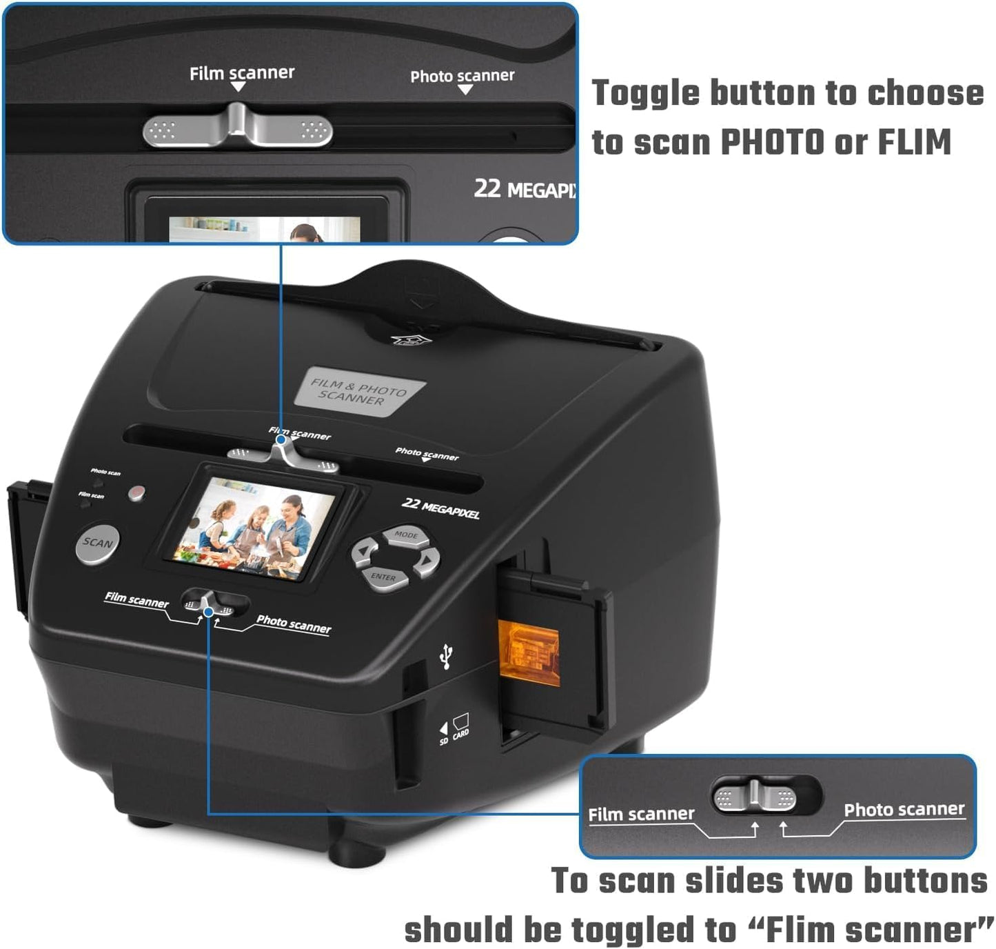 22MP Photo and Slide Scanner with 2.4” LCD Screen, All-in-One Digital Film Converter for 35mm/135 Negatives & Slides, 3R 4R 5R Print Photos and Business Cards, 4GB SD Card Included