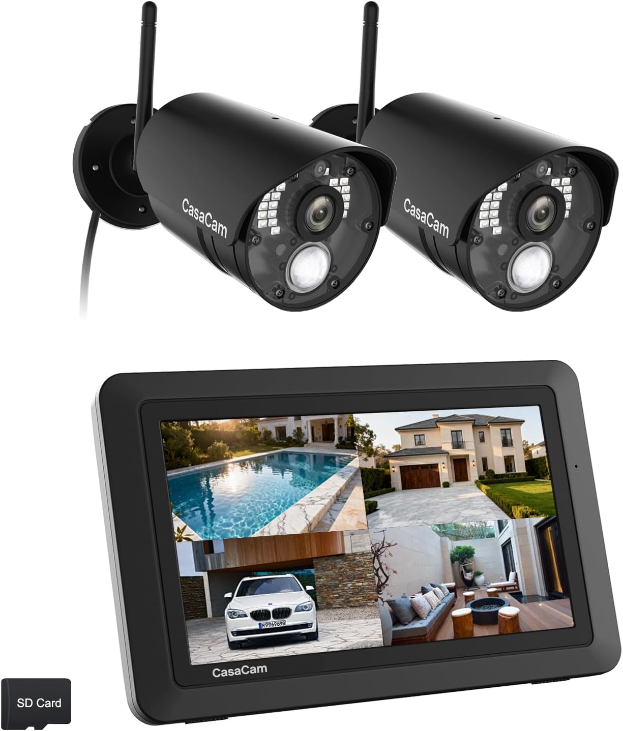 CasaCam Wireless Security Camera System | 7" Touchscreen Monitor and 2 720p Cameras | AC Powered, No Monthly Fees, Two-Way Audio, Free APP, Micro SD Card and Battery Installed, GuardianCam Air VS802