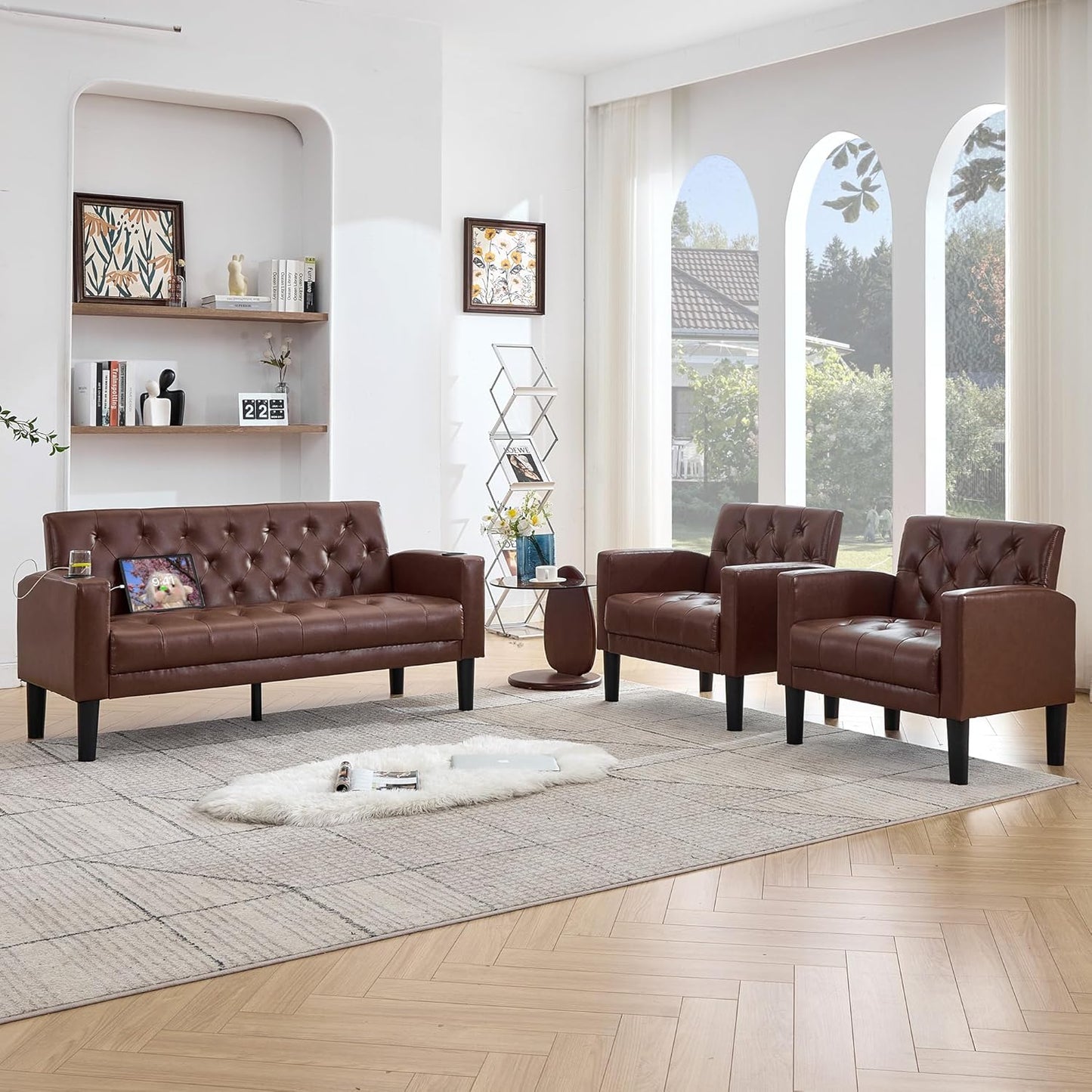 TYBOATLE 62" W Leather Loveseat w/Chairs, 3 Piece Sofa Sets for Living Room w/ 2 USB Charger Ports and 2 Cupholders, Living Room Furniture Sets of 3 (3, Brown)