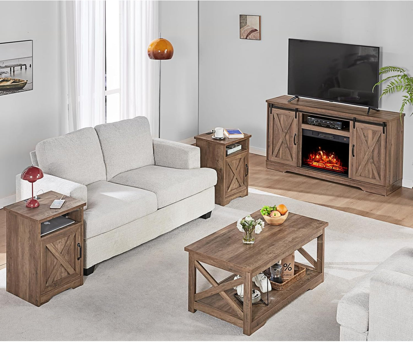 AMERLIFE 5-Piece Farmhouse Table Set Includes Fireplace TV Stand, Coffee Table& Two End Tables with Charging Station and USB Ports, for Living Room, Barnwood