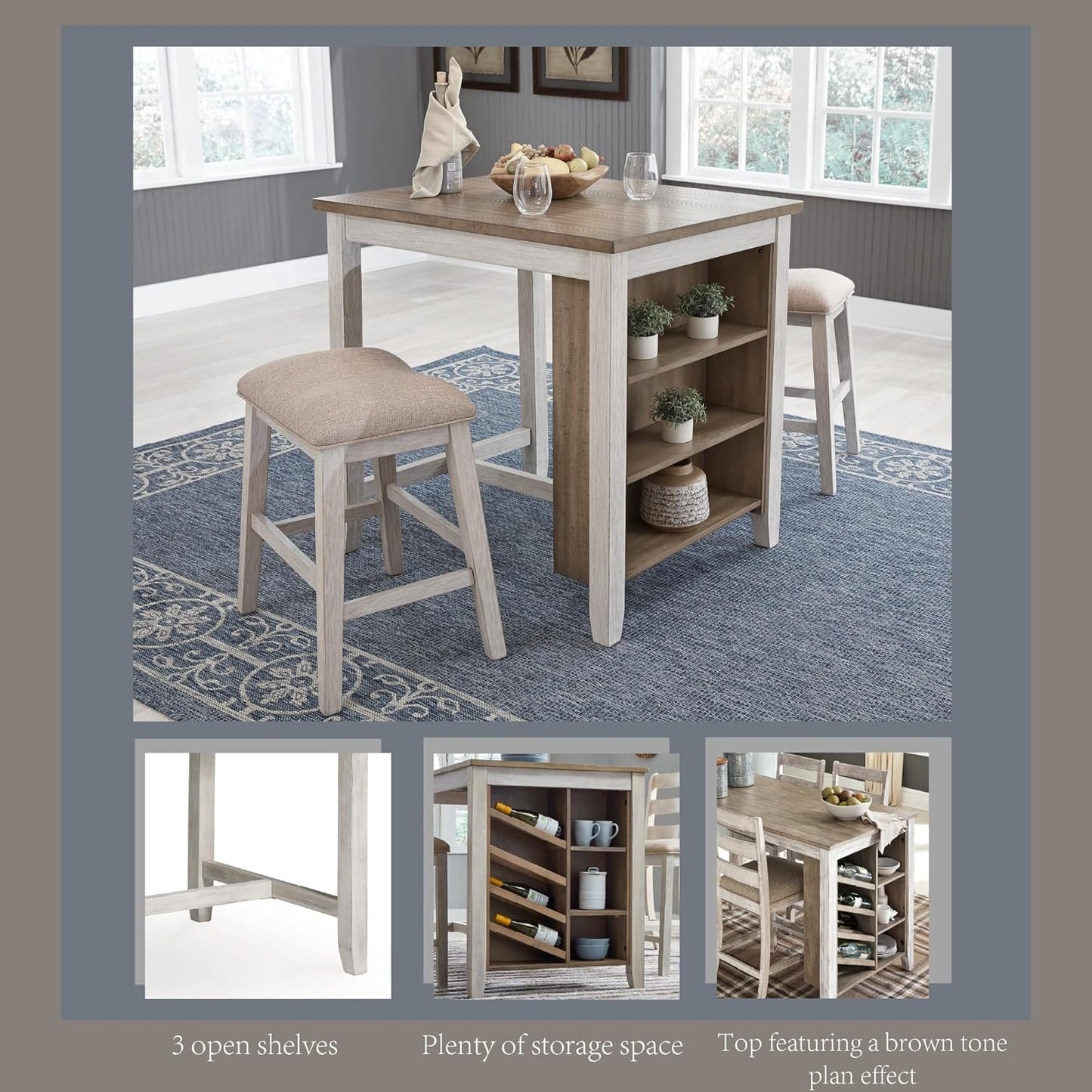 Signature Design by Ashley Skempton 3 Piece Counter Height Dining Set, Includes Table and 2 Barstools, Cushioned Seats, Wood, Whitewash