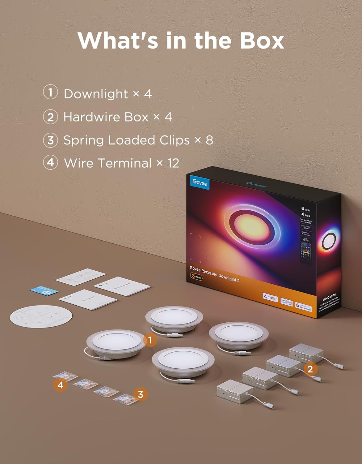 Govee Smart Recessed Lighting 6 Inch, Matter RGBIC LED Recessed Light Work with Alexa, Google Assistant, Dimmable 1100LM Canless Downlight with Junction Box for Living Room, Bedroom, Kitchen 4 Pack
