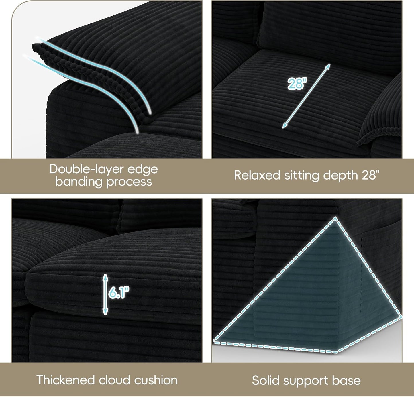 2 Pieces Cloud Sectional Couch Sets, Convertible Modular Sofa with Deep Seat, 104" L-Shaped Boneless Couches and 76" Loveseat Set for Living Room. Black