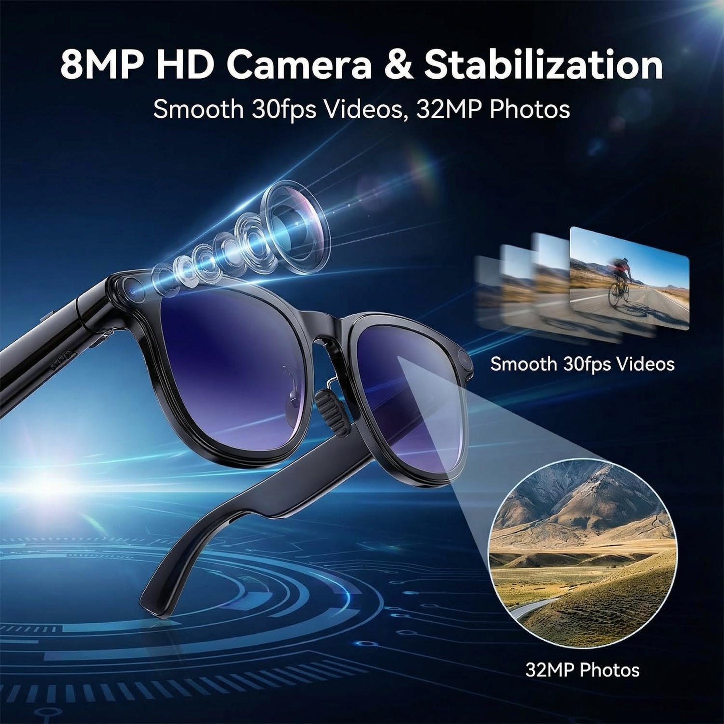 AI Smart Glasses with Camera, 8MP HD Bluetooth Camera Glasses, 1080P Video Recording Sunglasses for Women Men, Real Time Translation, Voice Assistant, Open-Ear Audio for Travel, Work Vlog (3 lenses)