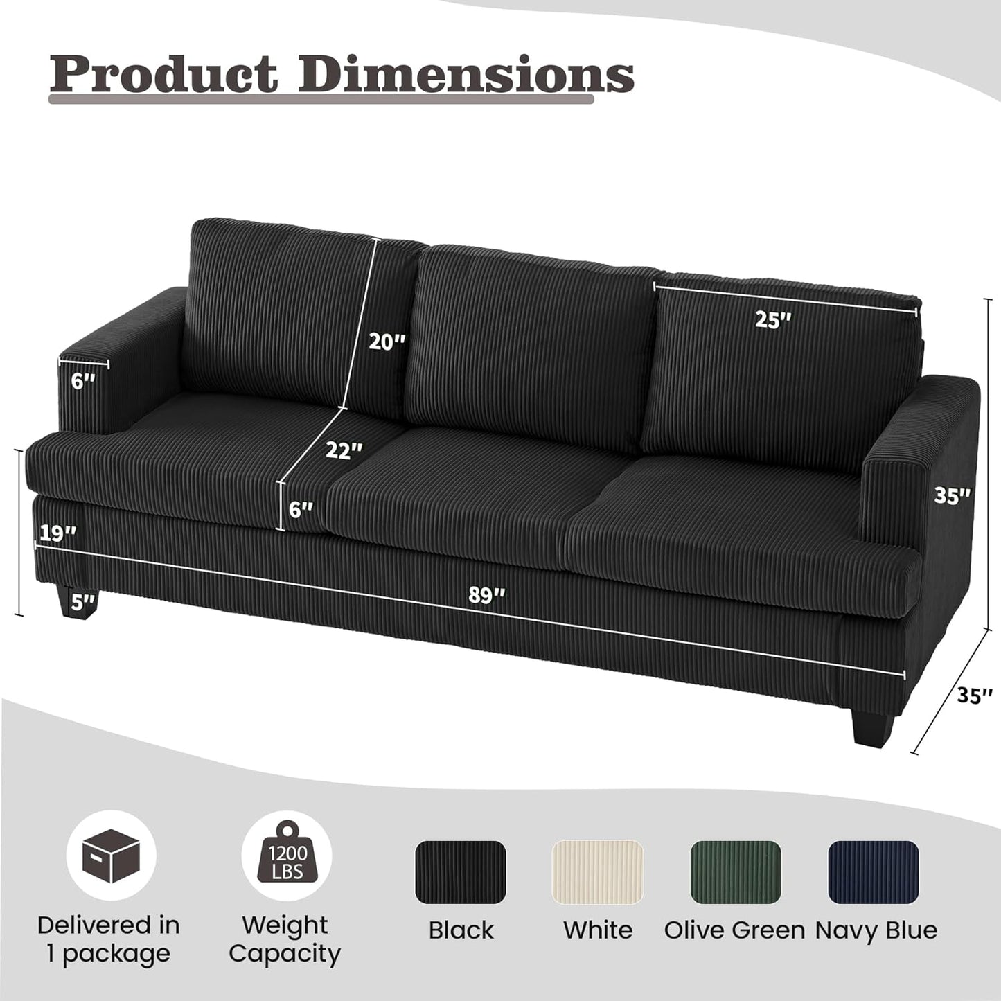 Apicizon Loveseat & 3 Seater Sofa Sets, 89" Couch Sofa Set for Living Room Furniture, 2 Piece Modern Sleeper Sofa with Deep Seat Cloud Couch for Apartment Lounge, Black Corduroy