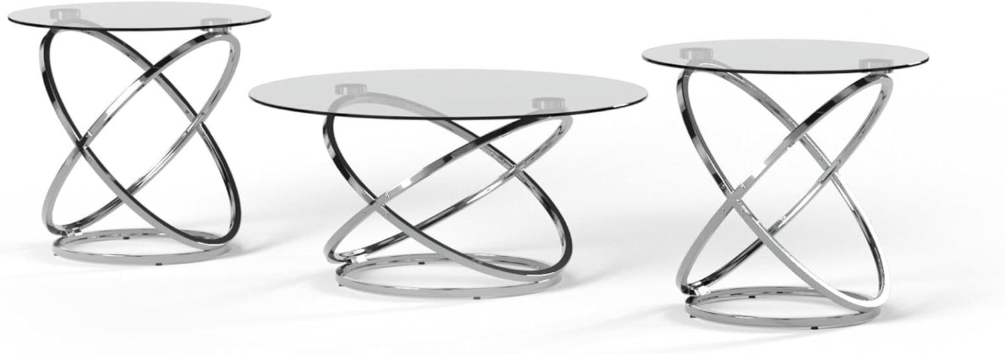 Signature Design by Ashley Hollynyx Contemporary Round 3-Piece Occasional Table Set, Includes Coffee Table and 2 End Tables, Chrome