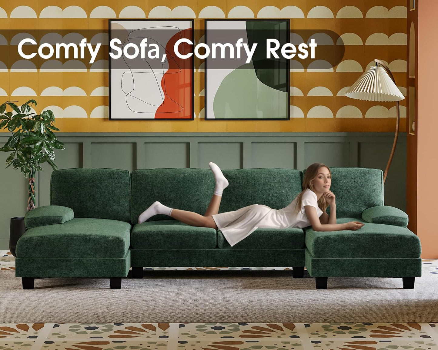 Furmax Sectional Couches for Living Room, U-Shaped Sofa Couch with Linen Fabric, 4 Seat Sofa Set with Double Chaise for Apartment (Chenille, Green)