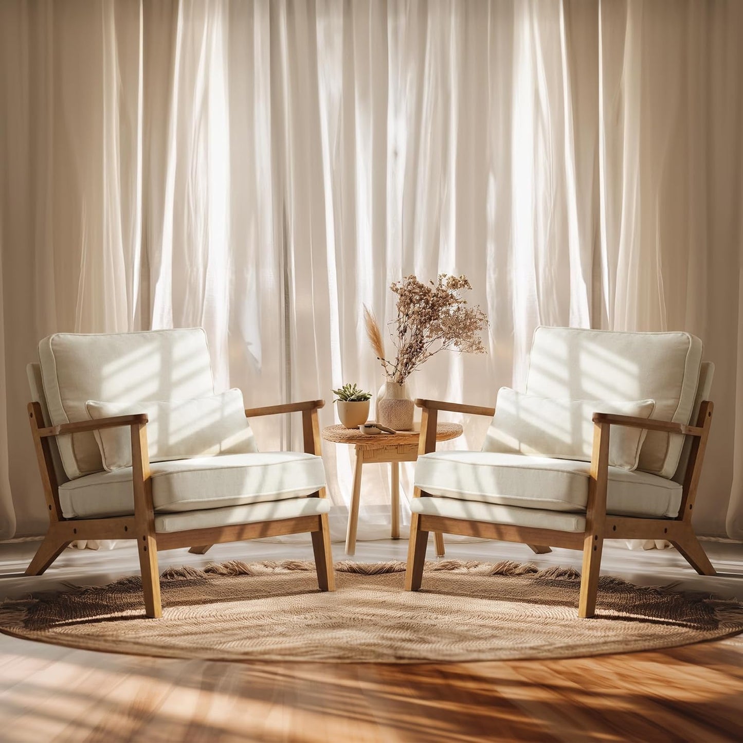 VINGLI Solid Wood Wide Armrests Accent Chair Set of 2,Upholstered Mid Century Modern Chair with Pillow,Farmhouse Arm Chair Comfy Reading Chair,Chairs Living Room,Bedroom,Guest Room,Linen Fabric,Beige