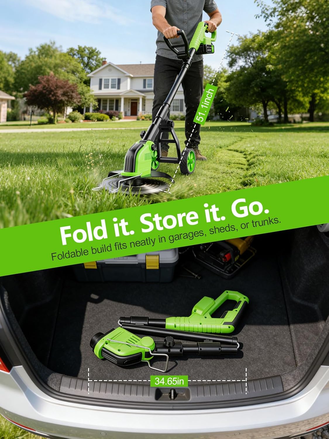 20,000RPM Cordless Electric Weed Wacker, 800W Brushless Weed Eater with Wheels, 12" 4-in-1 String Trimmer Lawn Edger Mini Lawn Mower Brush Cutter, Foldable, 21V, 2×4.0Ah Batteries Power Display