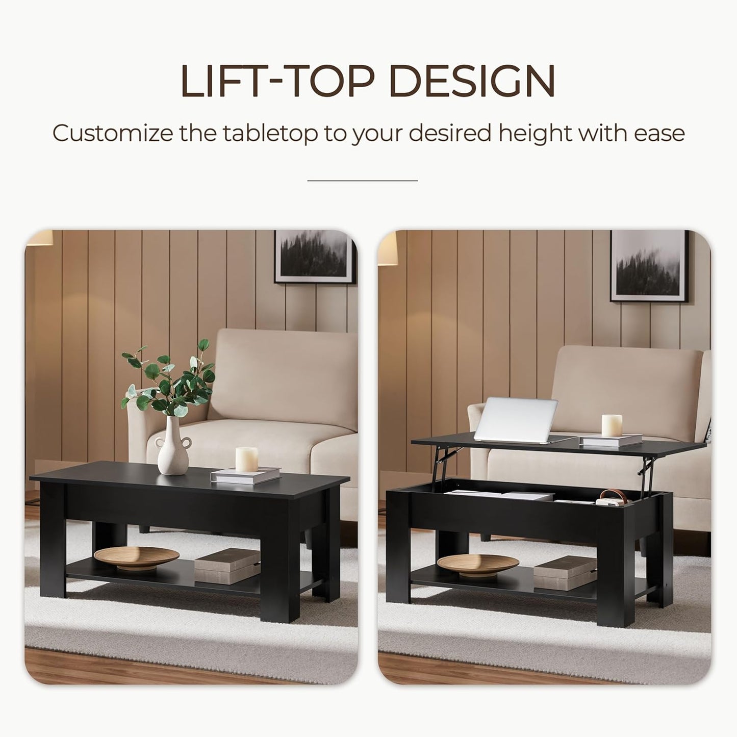 Yaheetech Modern Living Room 3 Pieces Table Sets, Lift Top Coffee Table and End Table Sets for Home and Office, Easy Assembly Accent Furniture with Hidden Compartment and Open Storage Shelf, Black