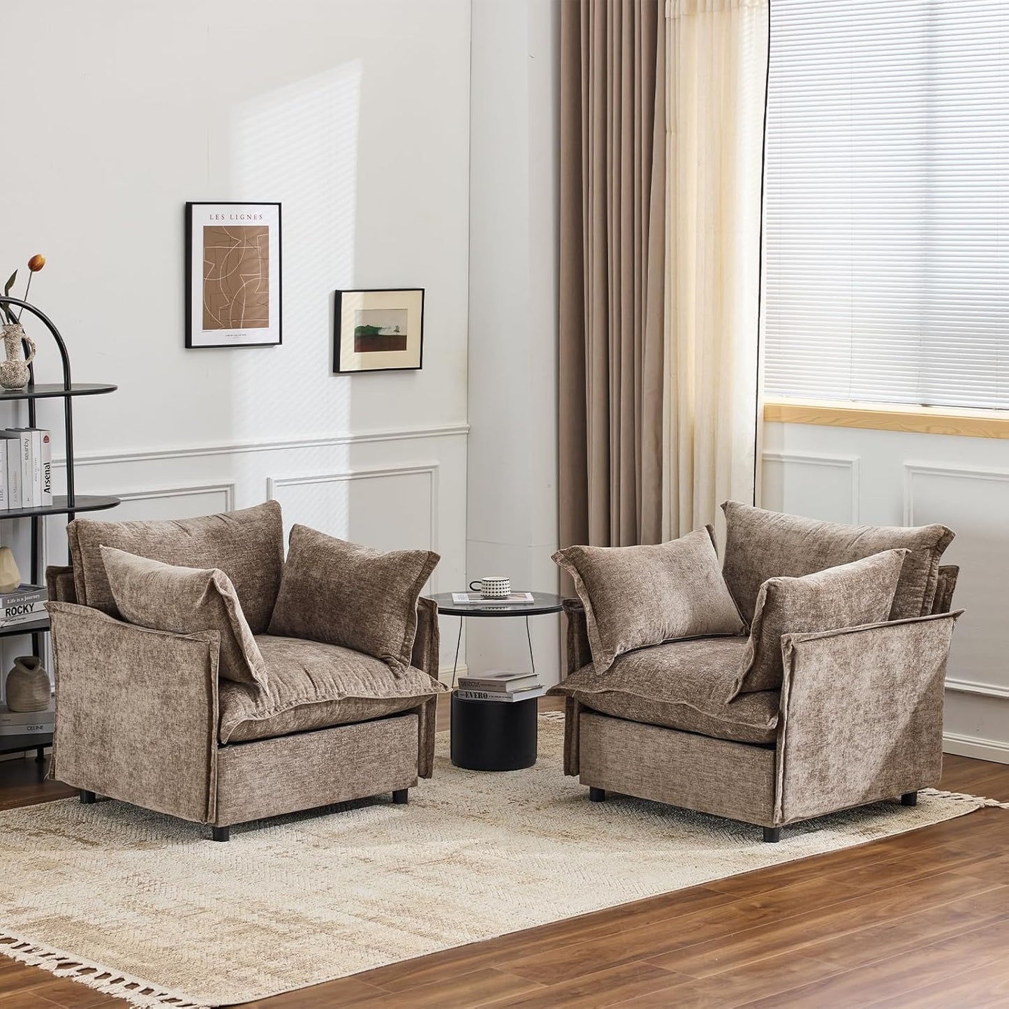 VINGLI 34" Oversized Accent Chairs Set of 2, Light Brown Reading Chair Upholstered Armchair Soft Chenille Fabric Living Room Chairs Sofa for Adults Bedroom, Home Office, Play Room