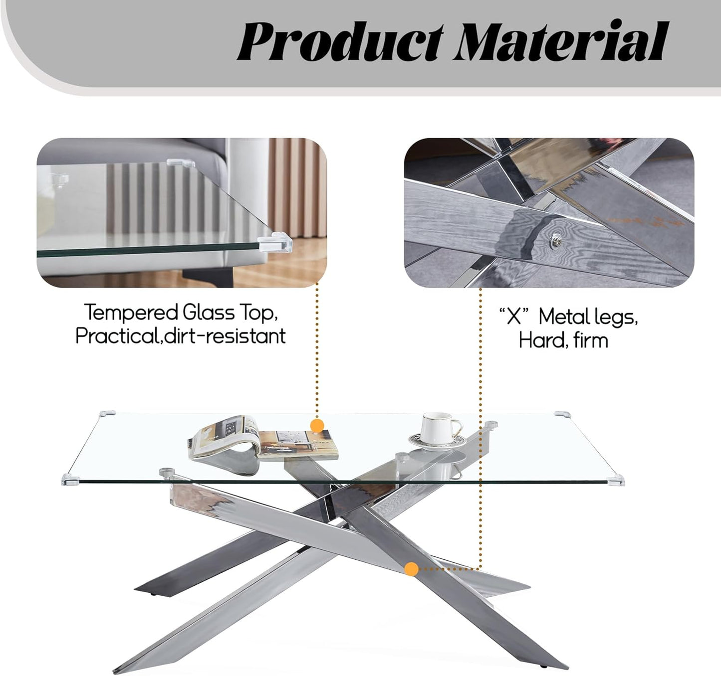3 Pieces Living Room Table Set, 47" Glass Coffee Table and 2 End Table, Glass Coffee Table Set with Tempered Glass Tabletop and Metal Legs, for Living Room, Leisure, Apartment