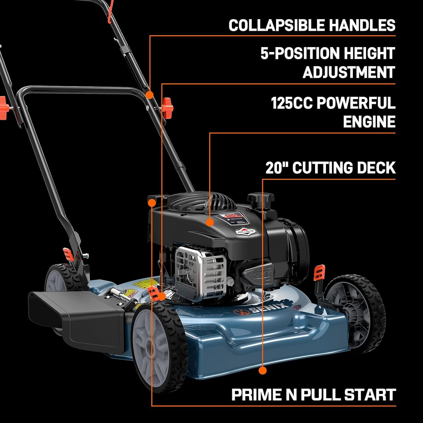 SENIX 20-Inch Gas Lawn Mower with 125 cc 4-Cycle Briggs & Stratton Engine, Side Discharge, 5-Position Single Wheel Height Adjustment (LSPG-L3)