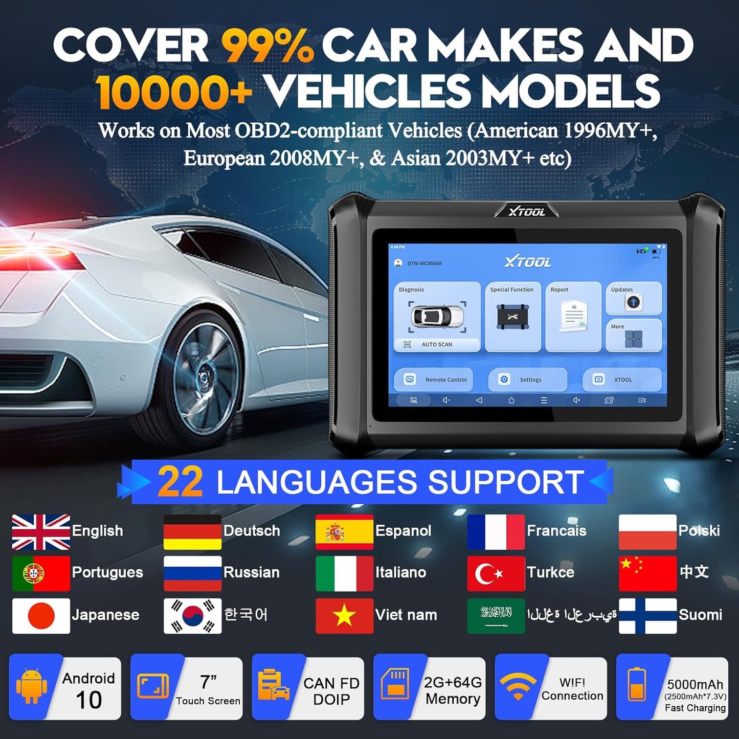 XTOOL D7W Wireless OBD2 Scanner Diagnostic Tool 2026 AI-Assisted Bidirectional Scan Tool Upgraded of D7/D7S/D7BT, ECU C0ding, 39+ Resets, CAN FD & DoIP, All System Scanner for Car, 3-Yr Update