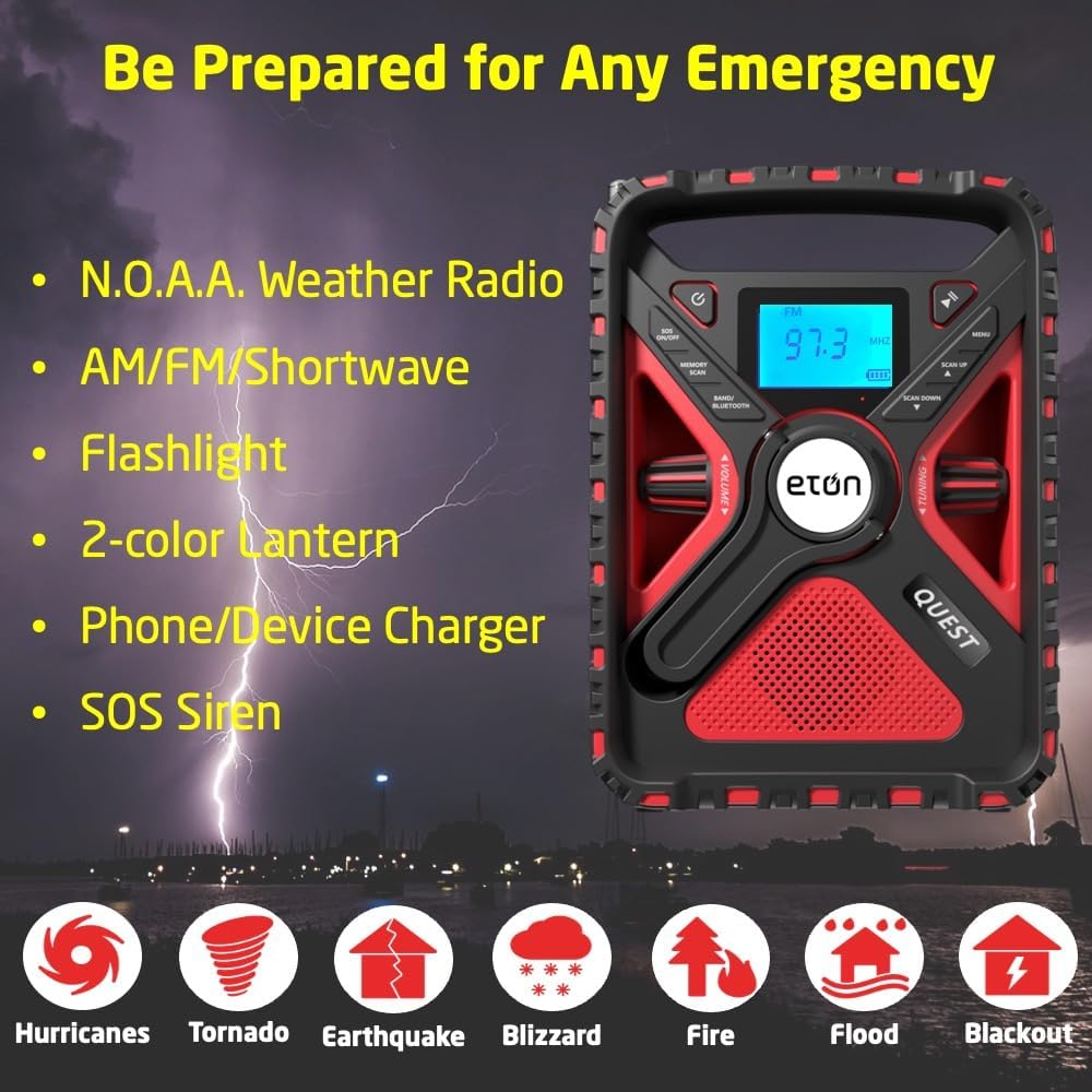Eton Quest Hand Crank NOAA Weather Radio, All Band Emergency Radio, AM/FM Shortwave Storm Radio, Bluetooth, Ambient Light, Phone Charger, RDS, Solar, Flashlight, Camping, Hiking