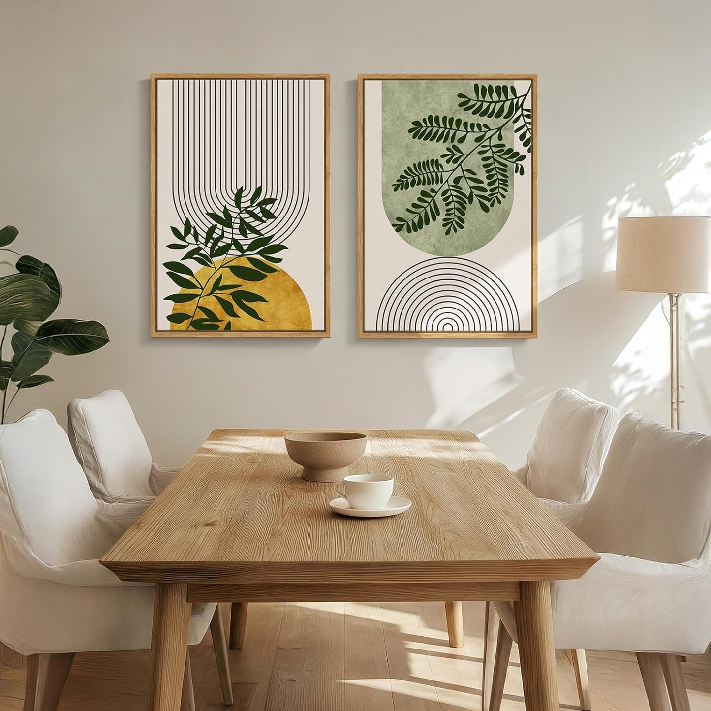 Framed Green Boho Wall Art for Living Room, Set of 2 Neutral Bohemian Botanical Geometric Artwork for Walls, Large Mid Century Modern Canvas Painting Print Wall Decor for Bedroom Office, 20x30 Inch
