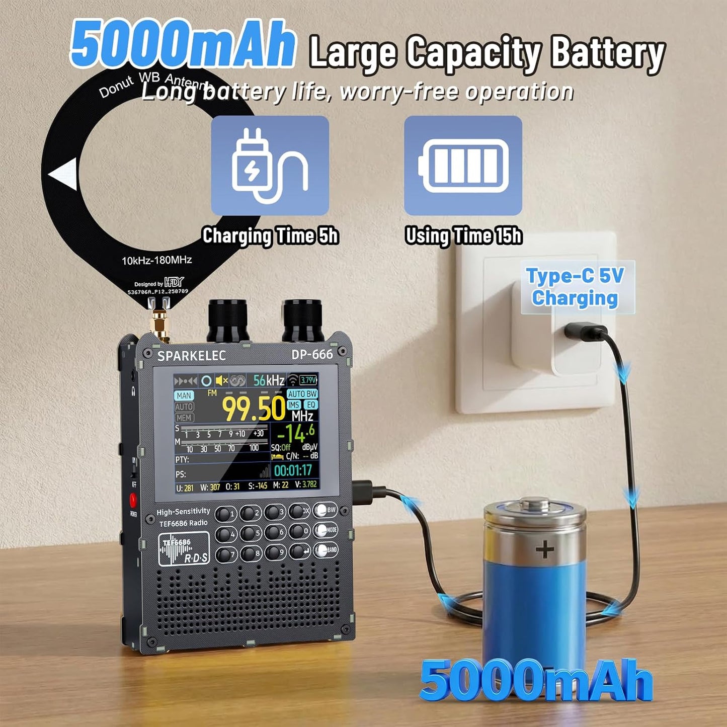 DP-666 TEF6686 Full Band Radio,AM LW/MW/SW/OIRT/FM High Sensitivity Shortwave Radios Receiver with RDS Data Shows,2.8-inch LCD Color Touch Screen,5000mAH Battery,Telescopic Antenna,Donut Antenna