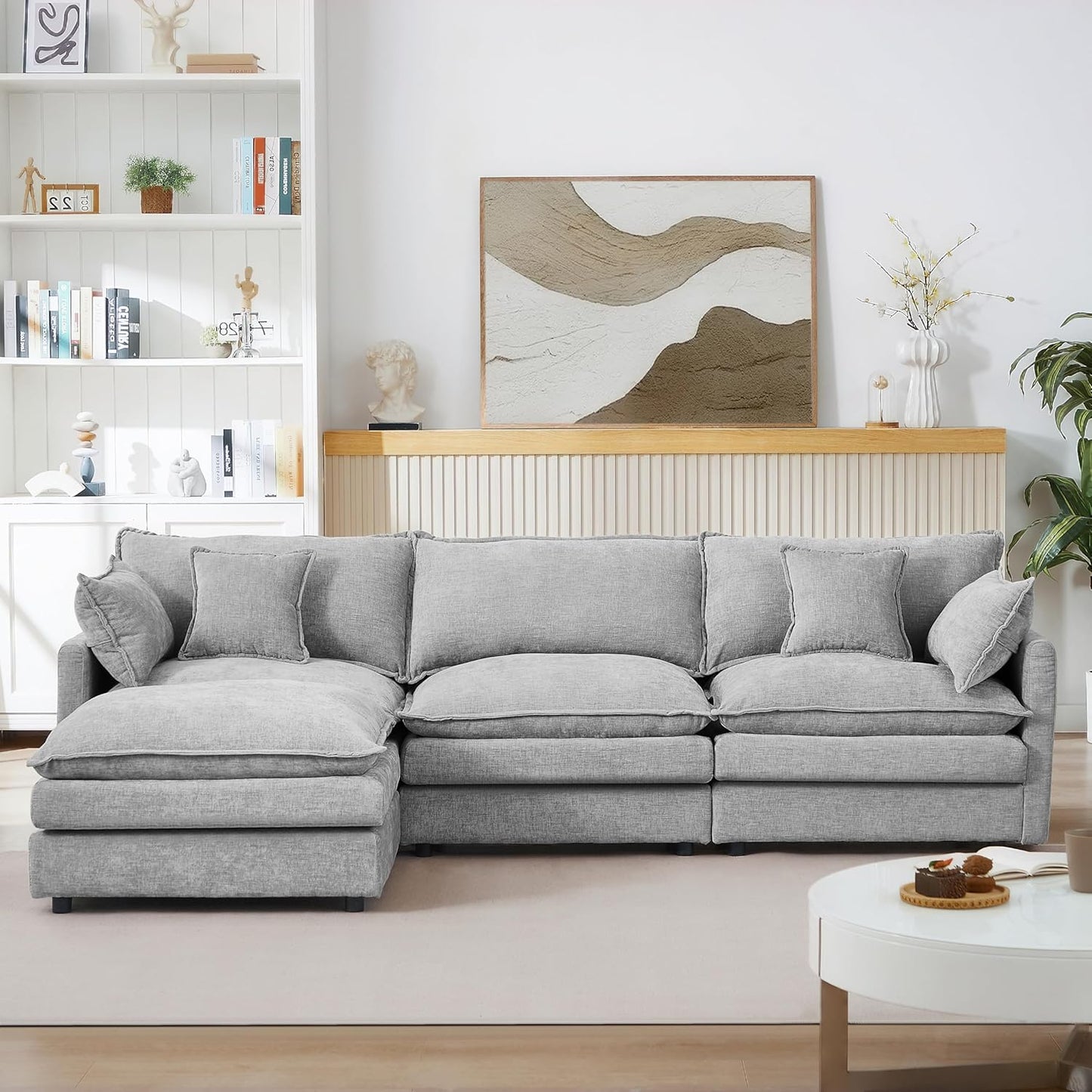 Eafurn Oversized Reversible Modular Sectional Sofa with Movable Ottoman, 4 Seater Convertible L Shaped Corner Couch Modern Chenille Sofa Set w/Double Layers Seat Cushions for Living Room Apartment