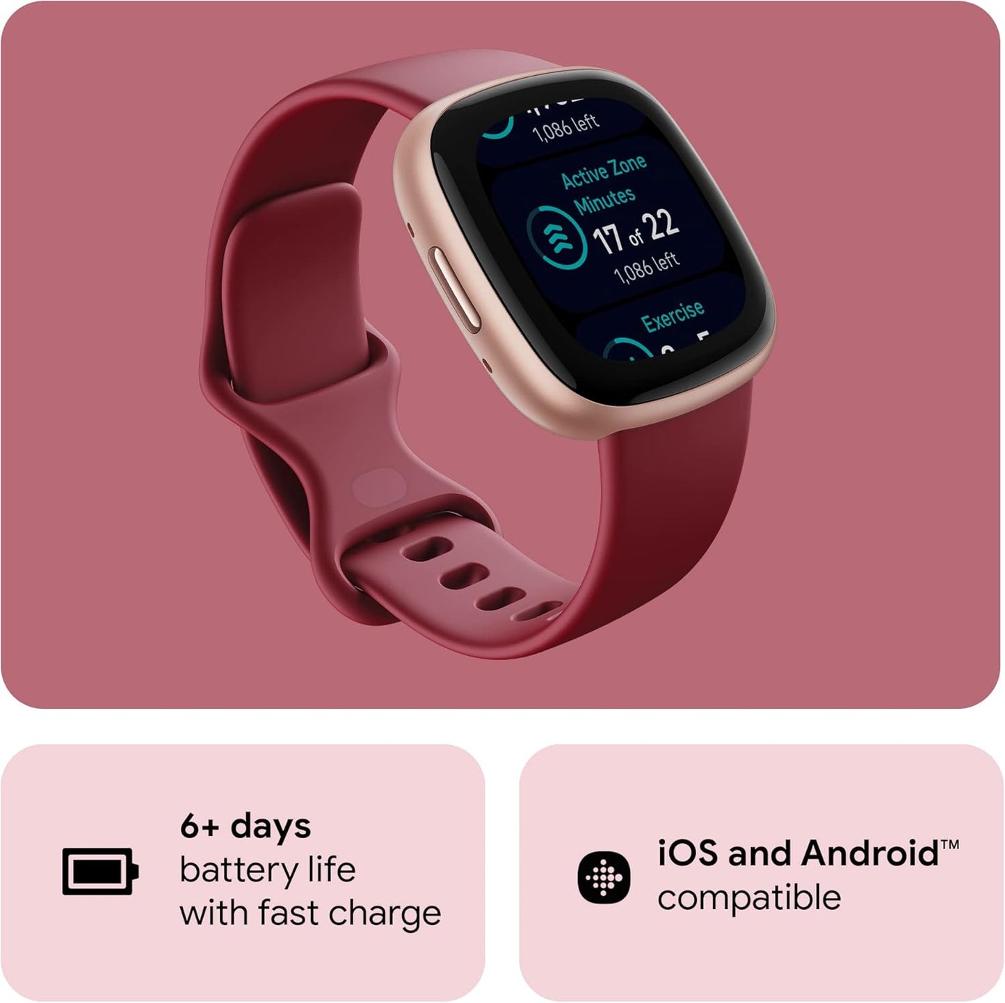Fitbit Versa 4 Fitness Smartwatch with Daily Readiness, GPS, 24/7 Heart Rate, 40+ Exercise Modes, Sleep Tracking and More, Beet Juice/Copper Rose, One Size (S & L Bands Included)