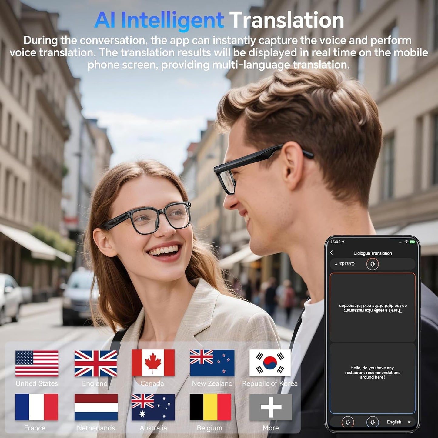 AI Smart Glasses with Camera Bluetooth, 800W HD Anti-Shake 1080P Video Audio Recording Glasses, Real-Time AI Translation GPT Assistant, Blue Light, Smart Glasses for Men Women Vlogging & Conference