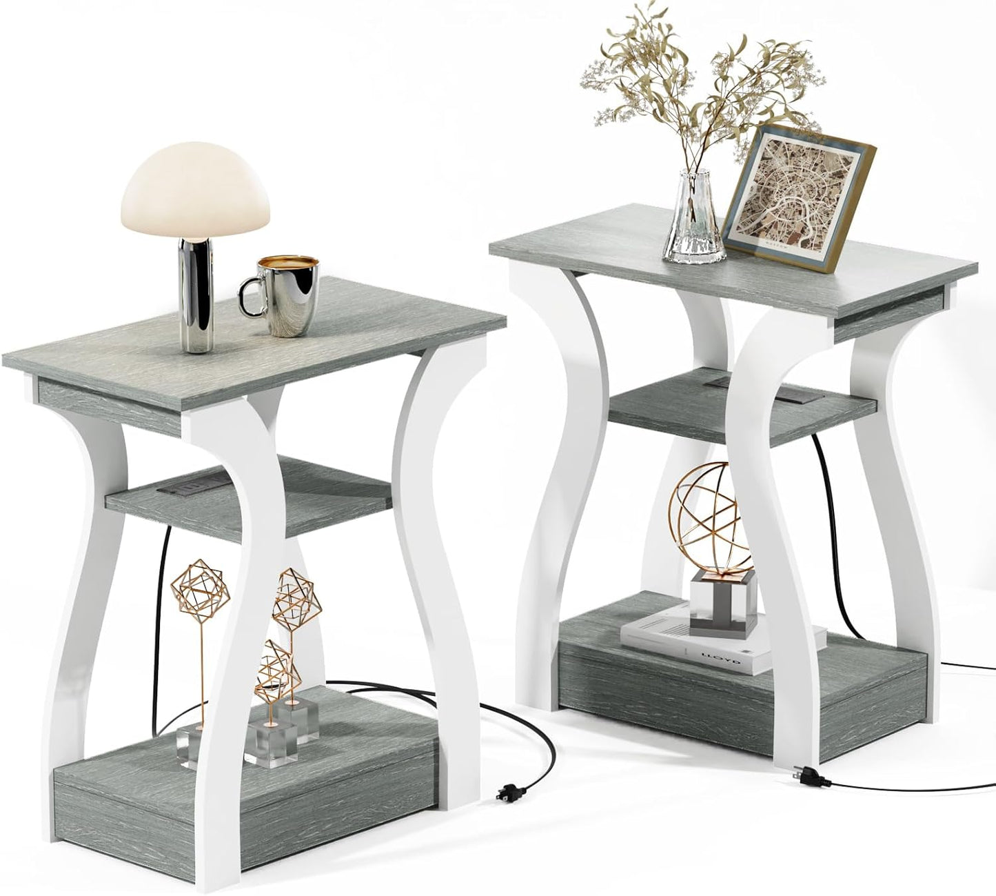 FROMJBEST End Tables Living Room Set of 2,Grey End Table with Charging Station,Grey Side Table, Nightstand for Bedroom, 3 Tier End Table with Storage Shelf for Living Room