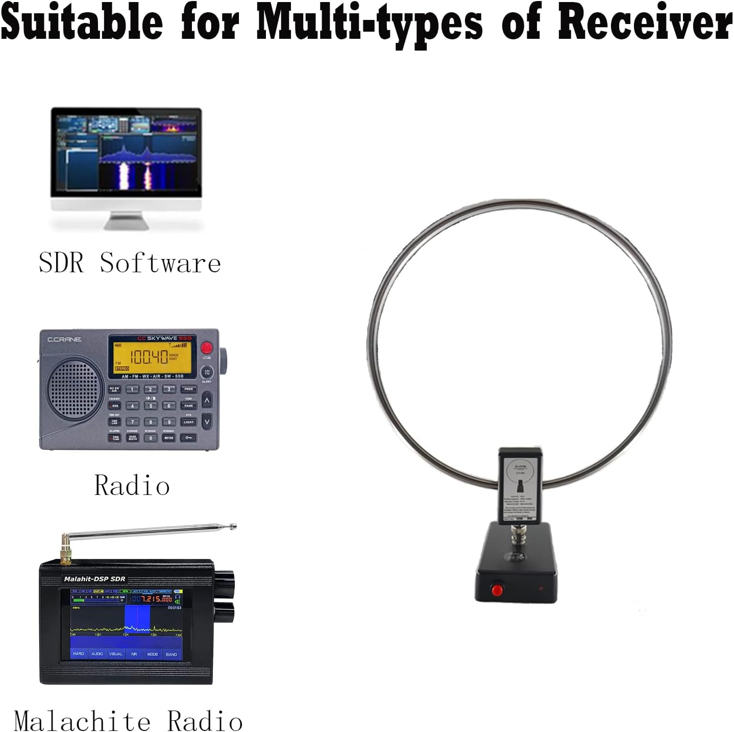 GA800 Portable Active Shortwave Antenna (Free of Tuning), WOOKLEA Loop Antenna 10kHz-159MHz, with BNC Cable, LW MW SW FM Air V Band, Used for Amateur Radio