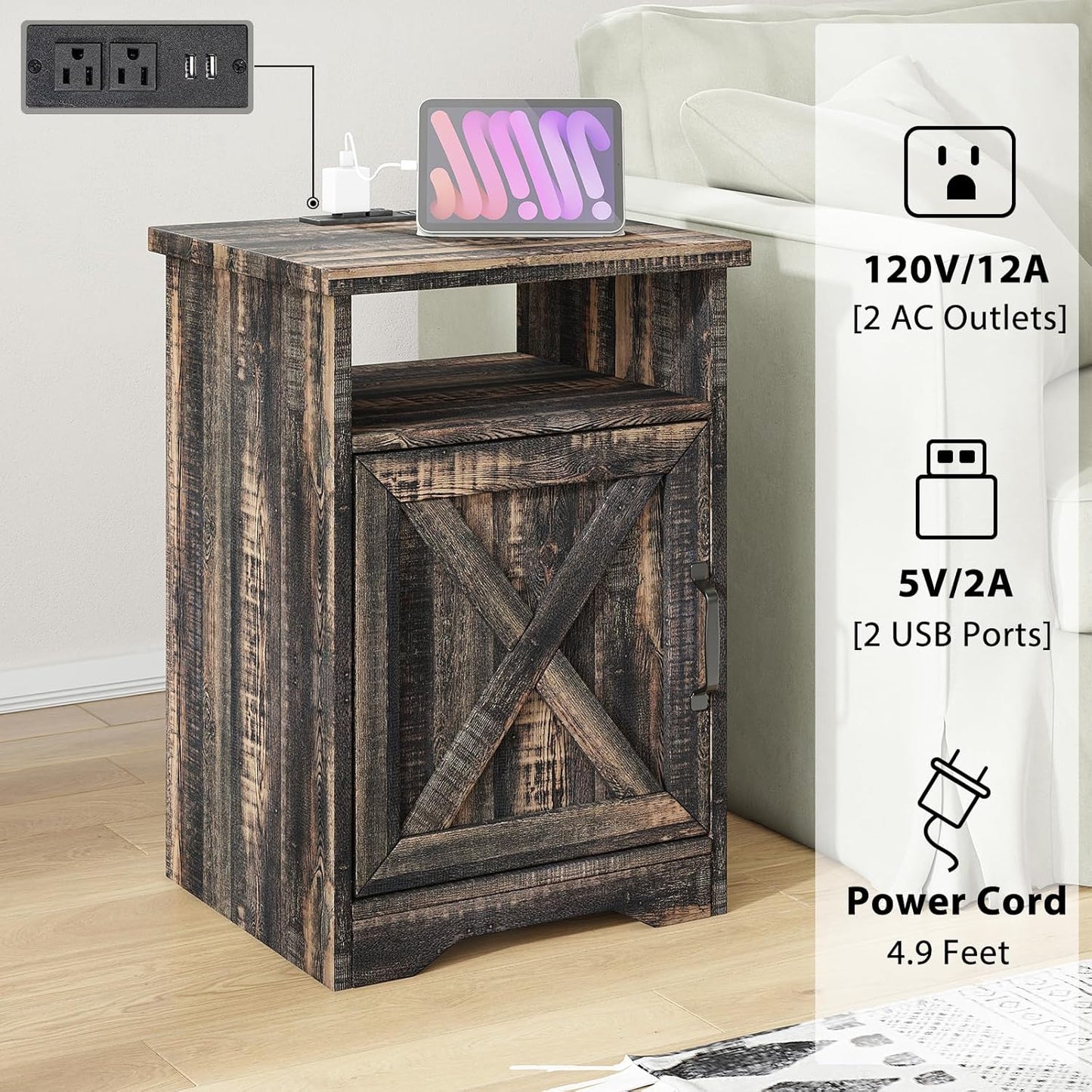 AMERLIFE 4-Piece Farmhouse Table Set Includes Sliding Barn Door TV Stand, Coffee Table& Two End Tables, Side Table with Charging Station and USB Ports, for Living Room, Dark Oak, 66"
