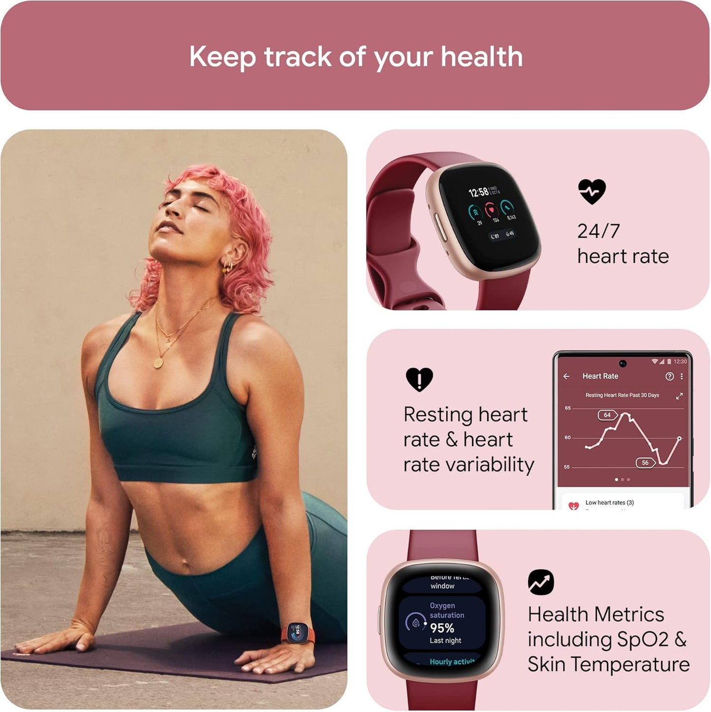 Fitbit Versa 4 Fitness Smartwatch with Daily Readiness, GPS, 24/7 Heart Rate, 40+ Exercise Modes, Sleep Tracking and More, Beet Juice/Copper Rose, One Size (S & L Bands Included)