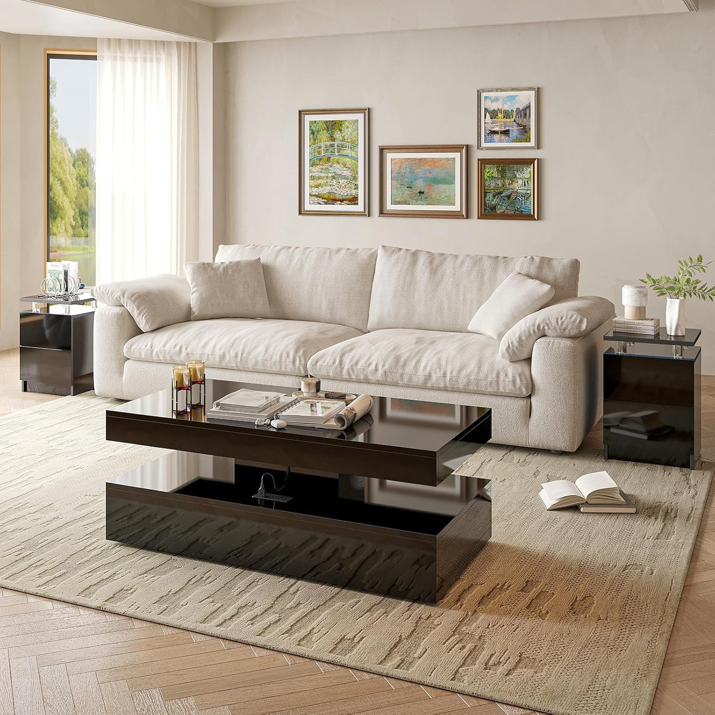 3-Piece Modern Living Room Table Set, Includes LED Coffee Table and End Tables Set of 2 with Storage Drawers, Black