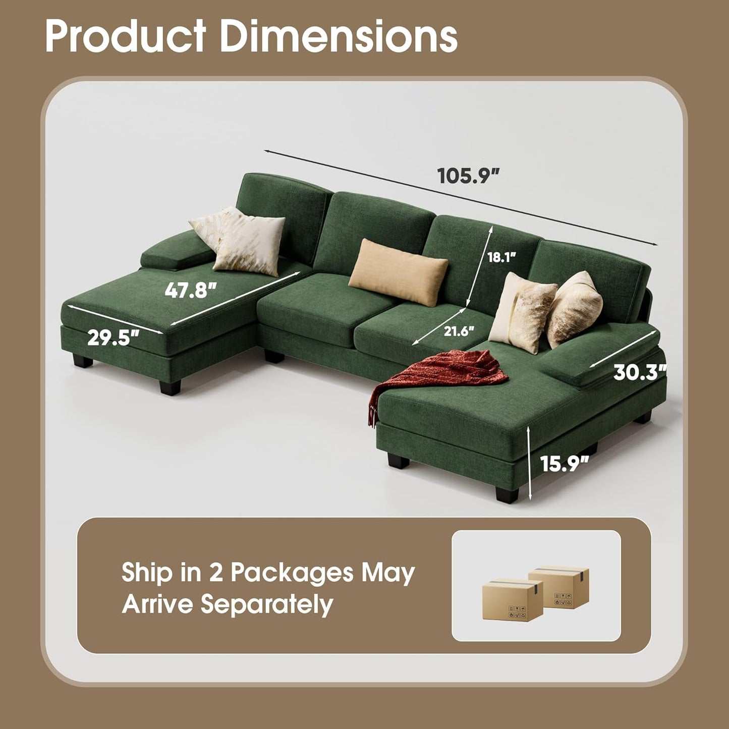 Furmax Sectional Couches for Living Room, U-Shaped Sofa Couch with Linen Fabric, 4 Seat Sofa Set with Double Chaise for Apartment (Chenille, Green)