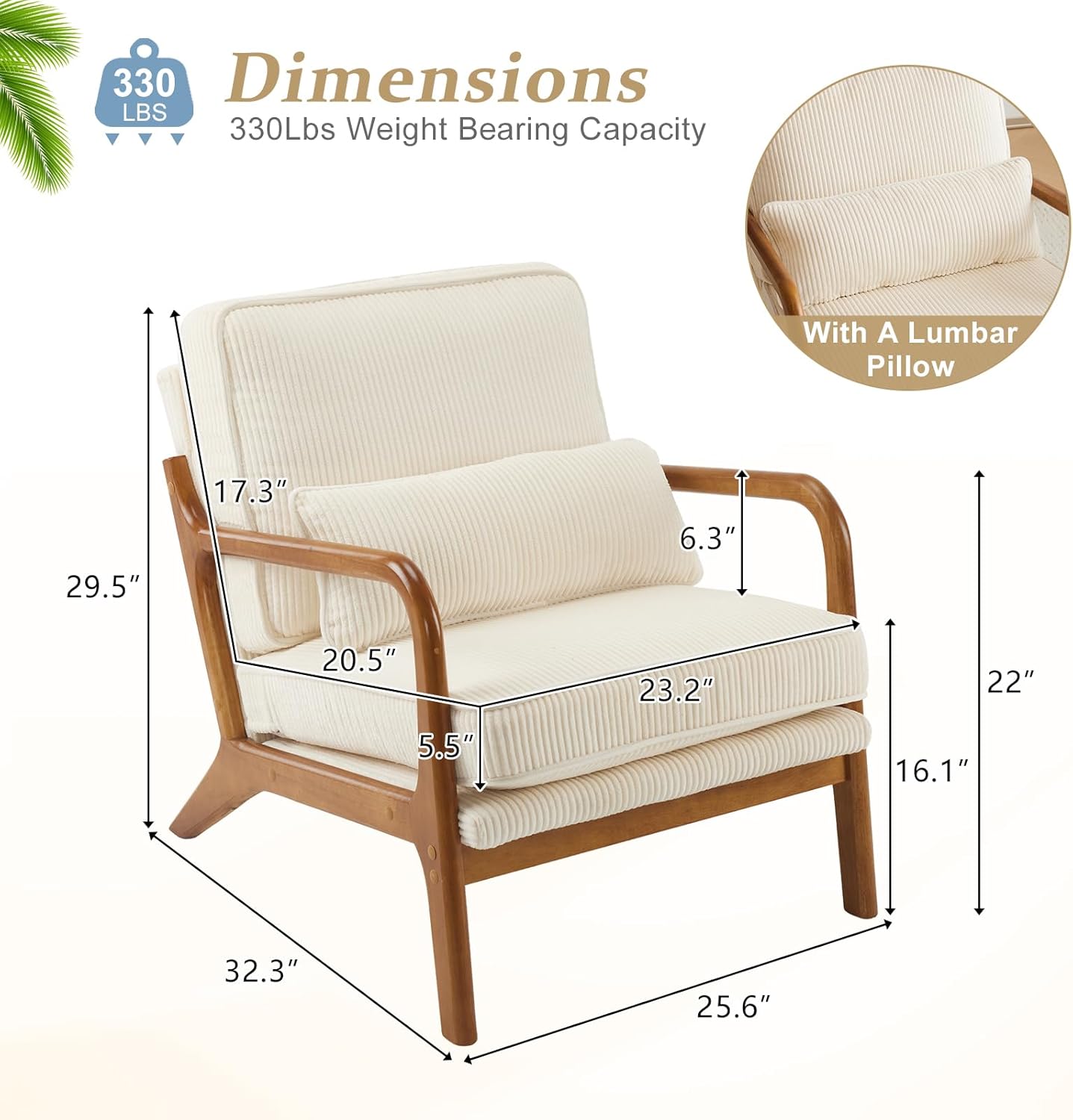 VINGLI Upgraded Premium Corduroy Accent Chairs Set of 2,Upholstered Arm Chair,Solid Wood Comfy Reading Chair with Pillow, Mid Century Modern Chairs for Living Room,Bedroom,Beige