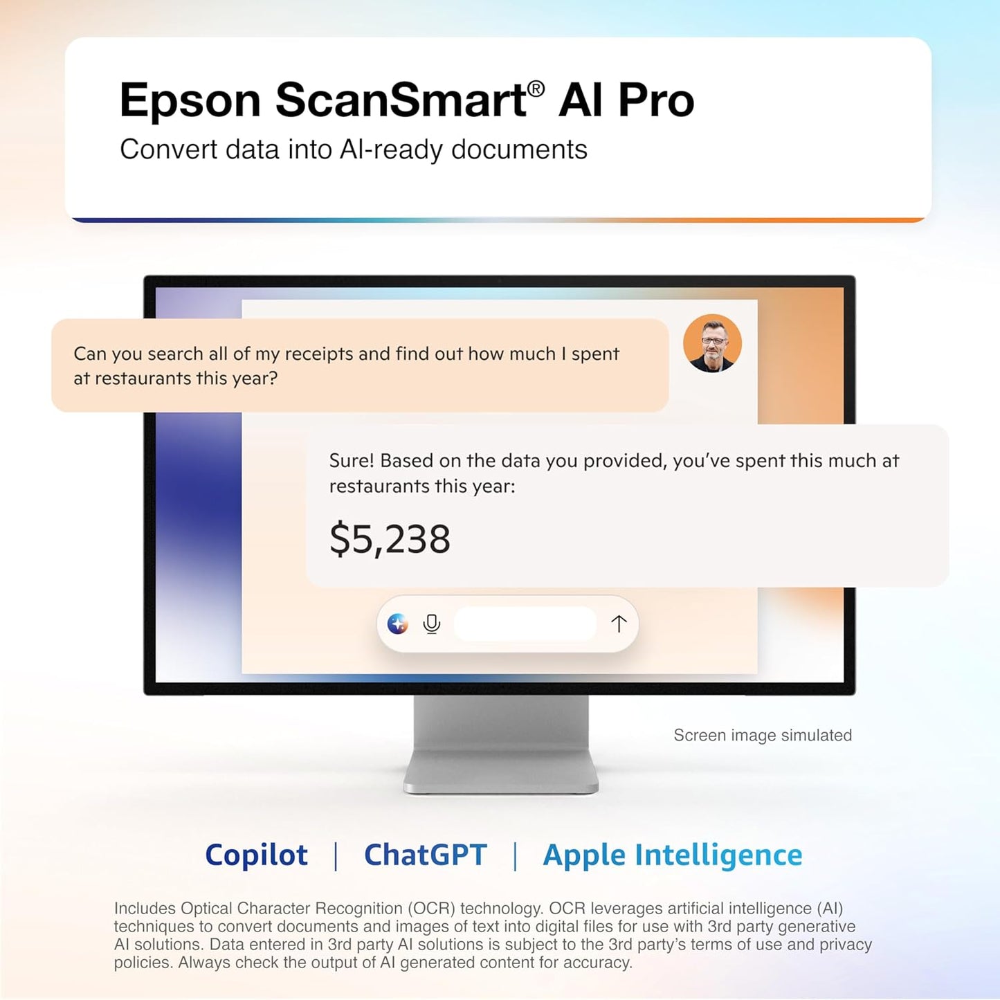 Epson RapidReceipt RR-600W Wireless Desktop Color 2-Sided Document & Tax Receipt Scanner with ScanSmart AI PRO Data Management Software for PC & Mac Touchscreen & 100-Page Auto Document Feeder, White