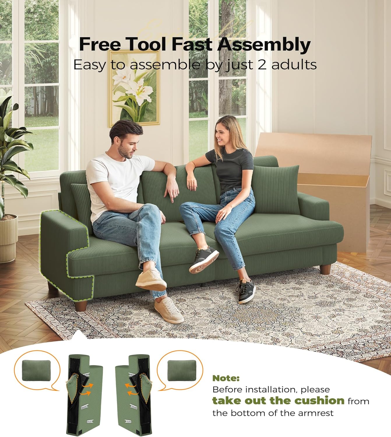 87in Corduroy Couch, Kidirect Sofa No Tool Assembly, Comfy Couches for Living Room 21in Deeper Seats, Corduroy Sofas for Living Room with 2 Pillows, Oversized Loveseat Sofa, Boho Love Seat Green Couch