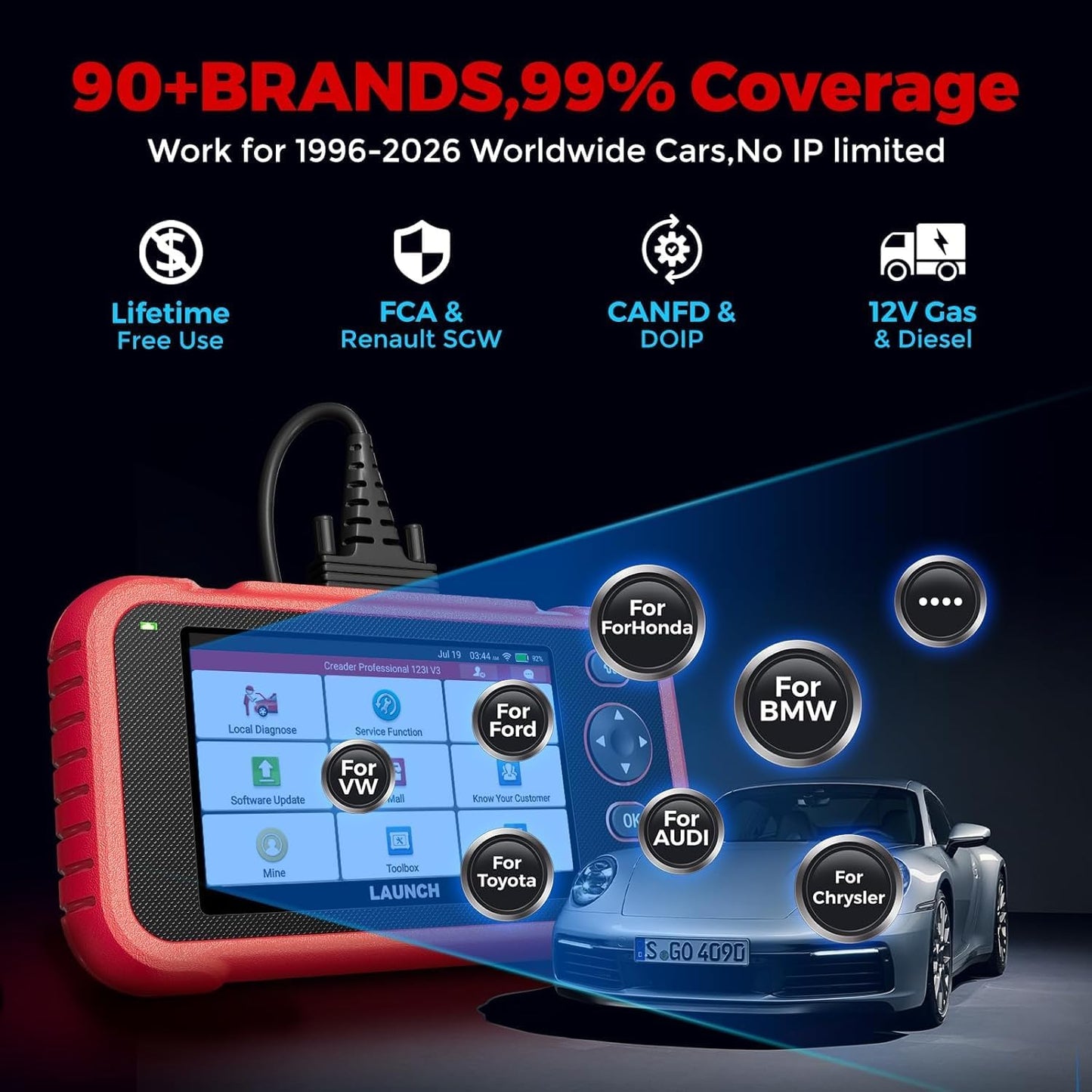 LAUNCH OBD2 Scanner CRP123I V3.0 Elite, 2026 Lifetime Free WiFi Update Scan Tool, FCA SGW, CANFD&DoIP, SAS/Throttle/Brake/BMS/DPF/Oil/ABS Service Multi Systems Car Scanner, Battery Test, Auto VIN