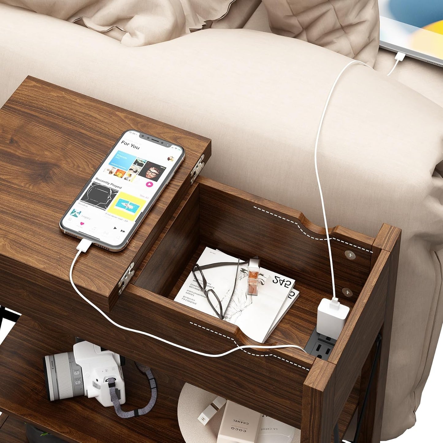 Awescuti Narrow End Table with Charging Station - Farmhouse Slim Side Table Set of 2, w/USB Ports Power Outlets, Nightstand w/Flip Top Storage Drawer, for Small Spaces Living Room Bedroom, Walnut